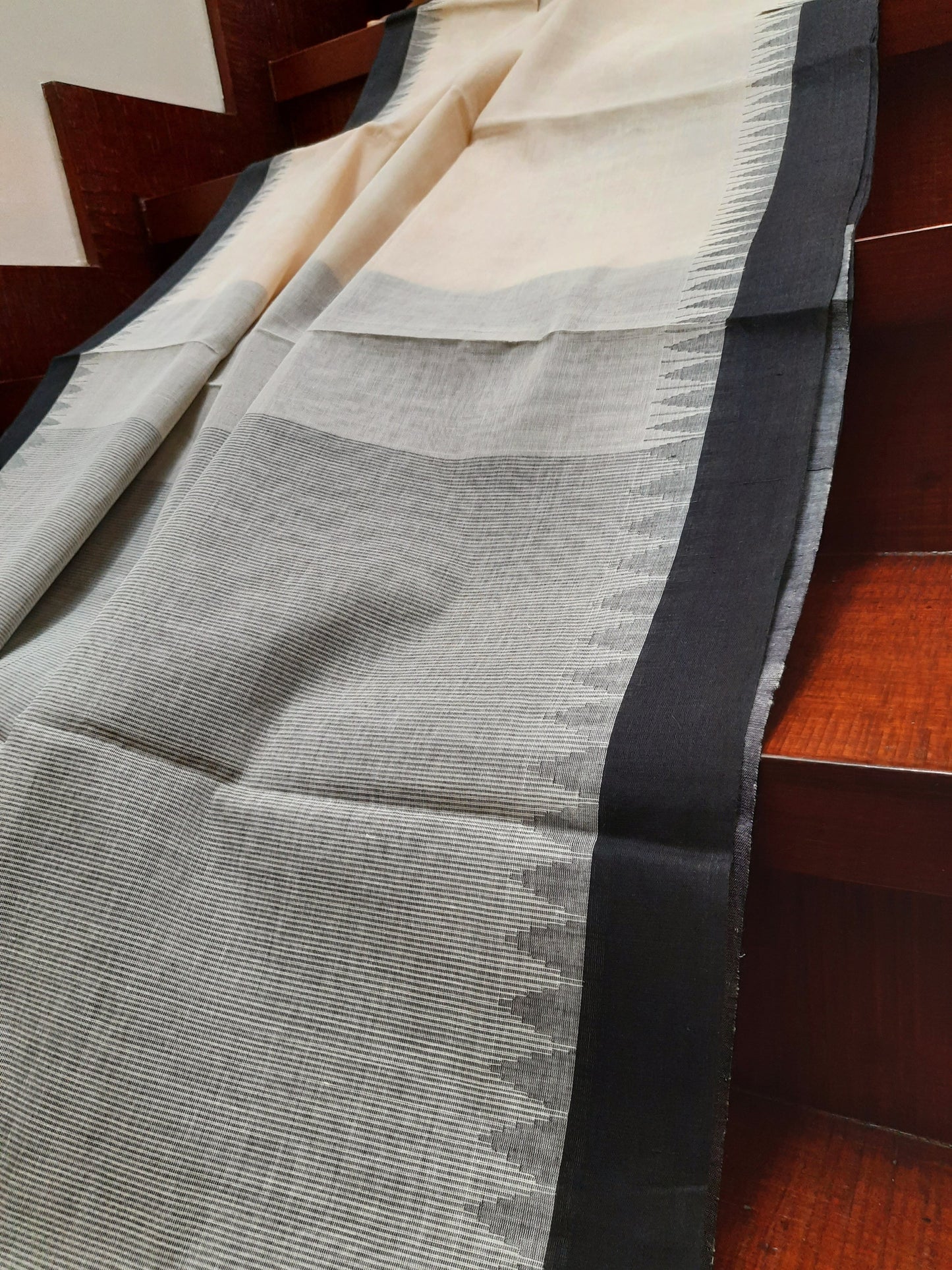 Off-white with Black temple border Ponduru Handspun Handwoven cotton Saree