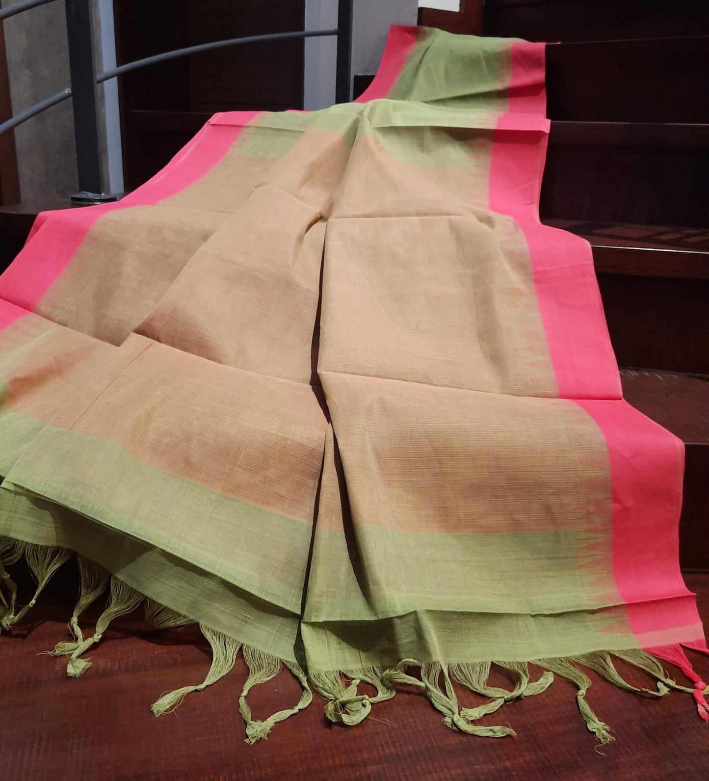 Green with Pink temple border Ponduru Handspun Handwoven cotton Saree