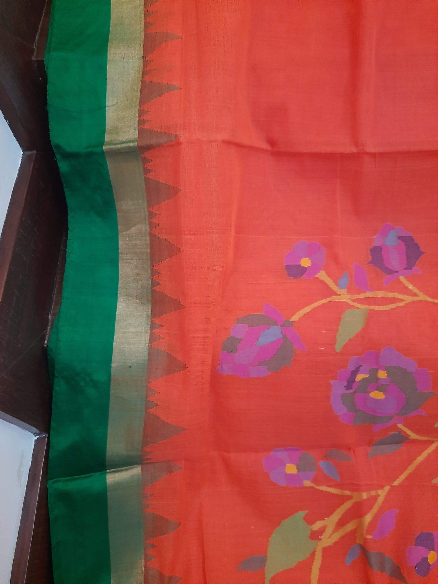 Ponduru Khadi Cotton Jamdani Orange with Zari temple border Saree