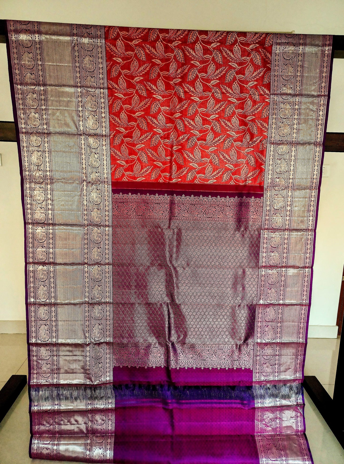 Maroon Red with Purple border Kanchipuram pure silk brocade weave saree