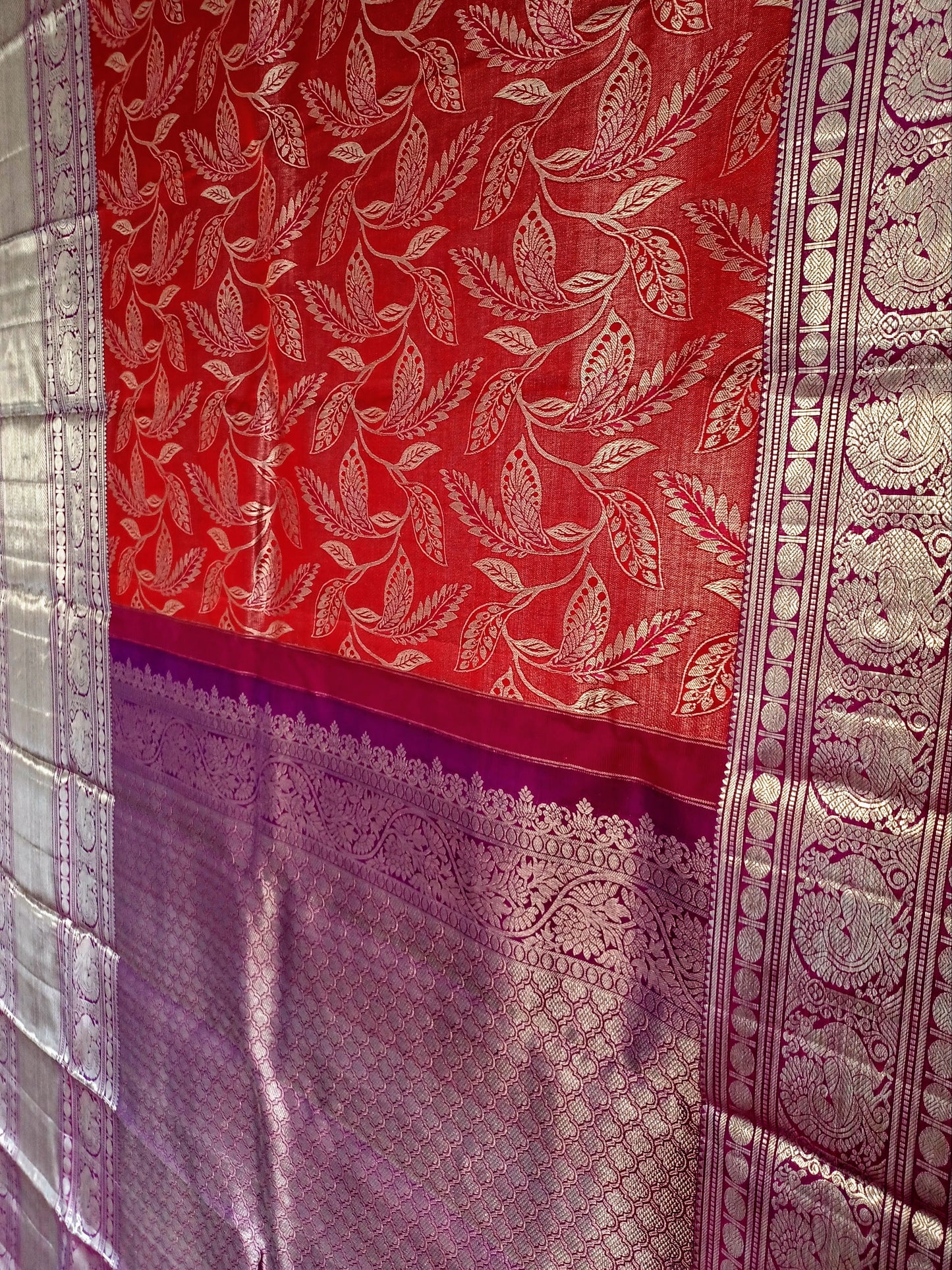 Maroon Red with Purple border Kanchipuram pure silk brocade weave saree