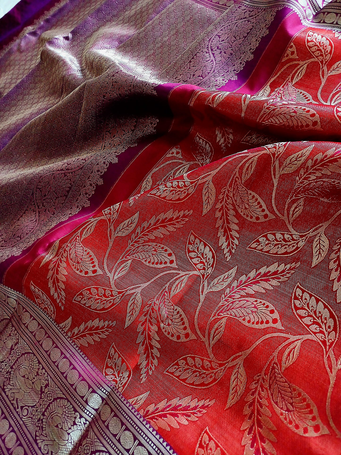 Maroon Red with Purple border Kanchipuram pure silk brocade weave saree