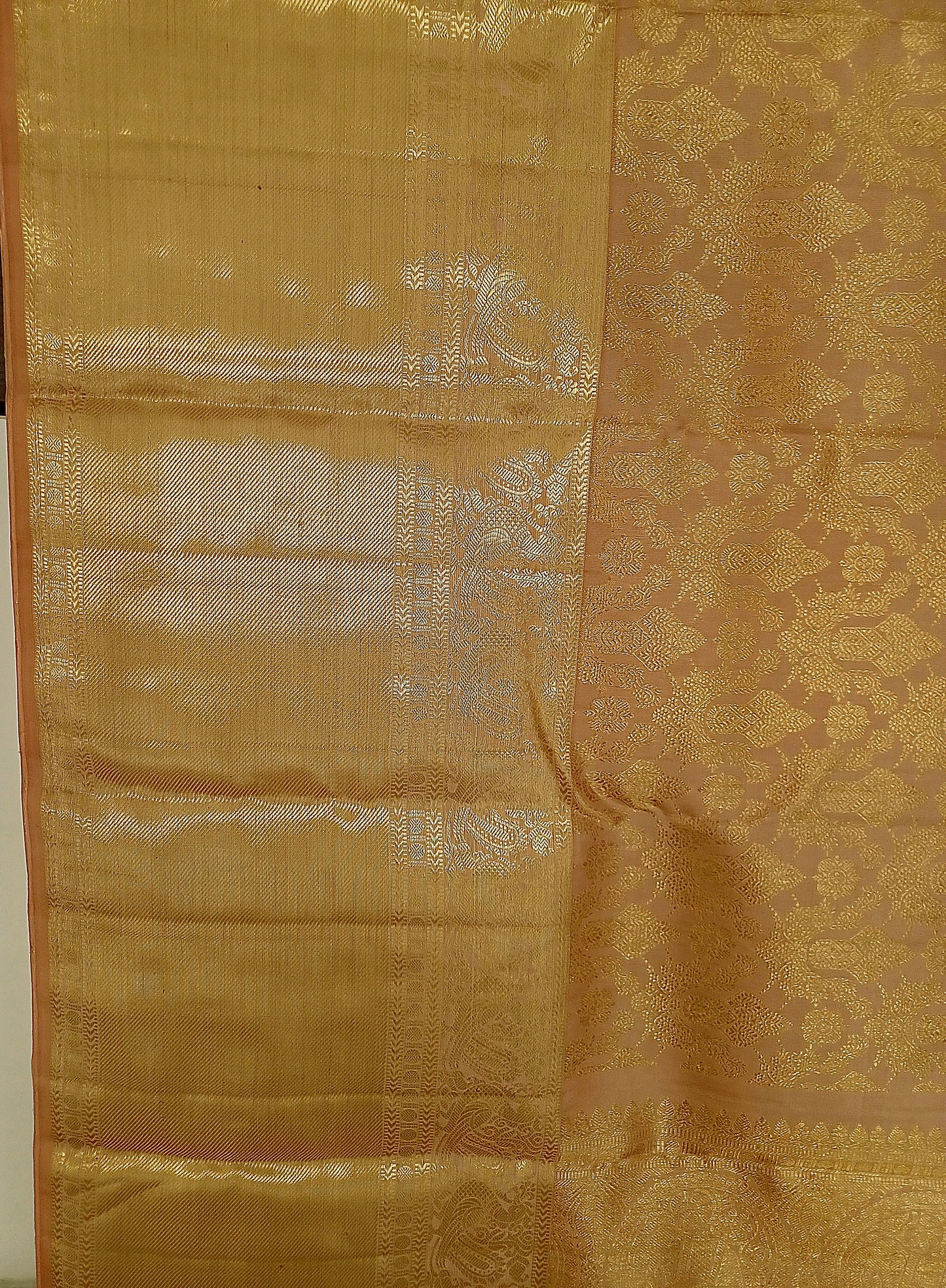 Almond beige Kanchipuram pure silk brocade weave saree