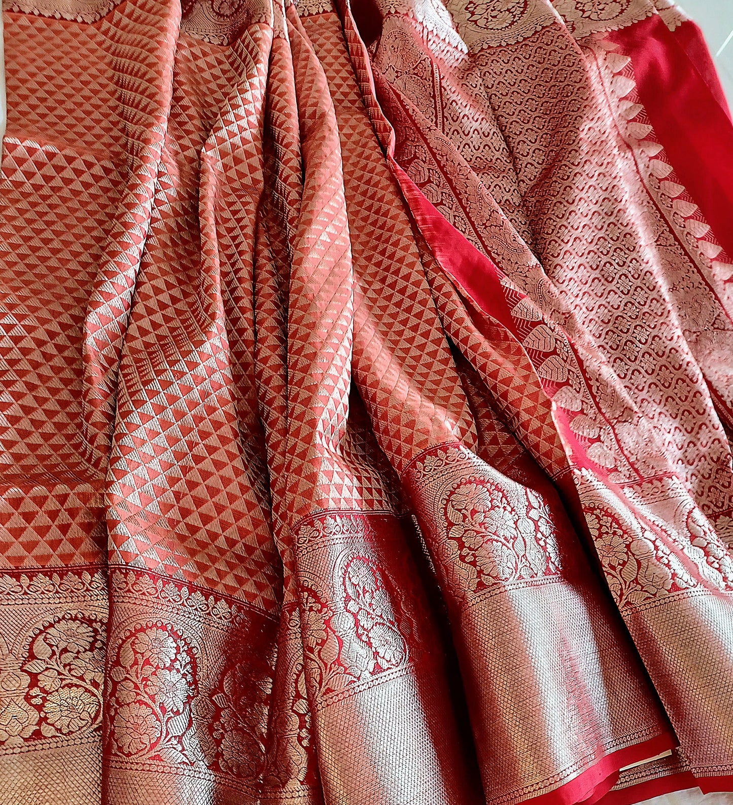 Peach Red Brocade with Silver Zari Venkatagiri Pure Silk Saree