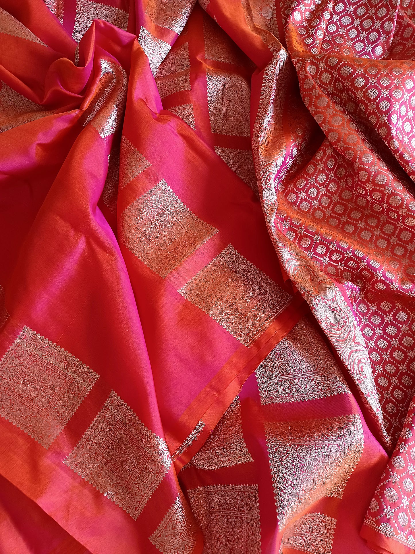 Pinkish Orange with Silver Zari Square Motifs borderless Venkatagiri Pure Silk saree