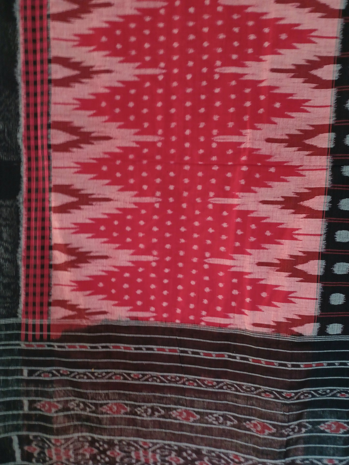 Red with Black Orissa Ikkat Tie and Dye Cotton Saree