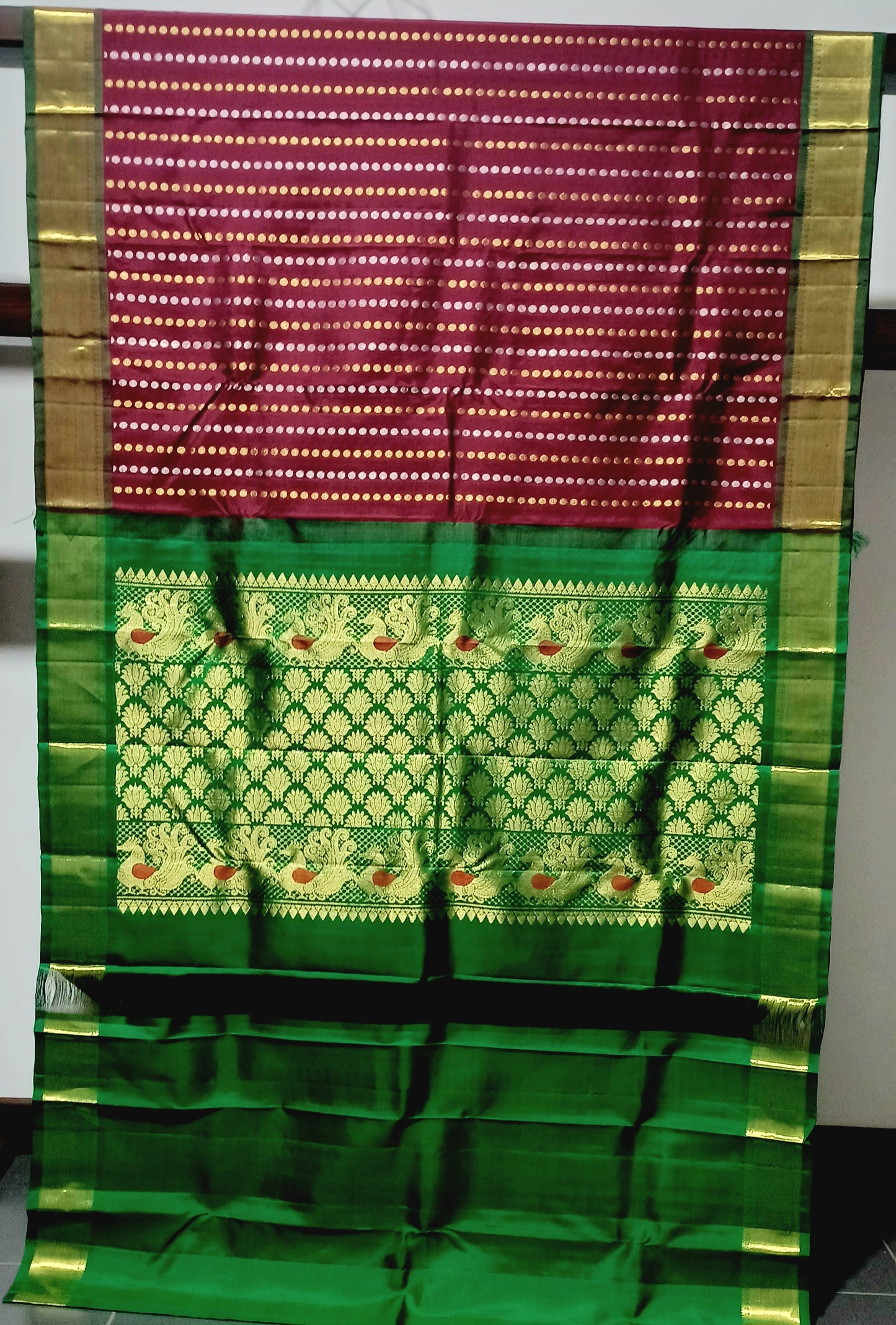 Maroon with Dark Green border Pure Silk saree
