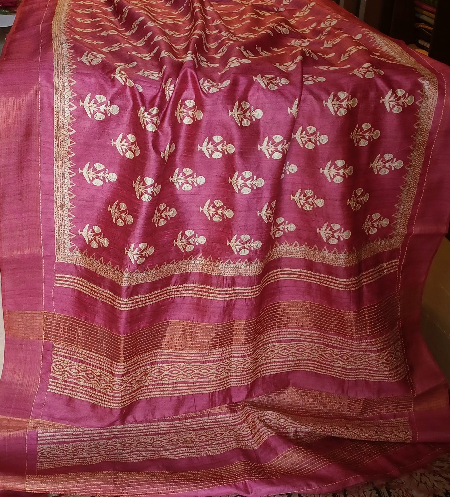 Semi Tussar Printed saree in Crimson colour with Kantha stitch