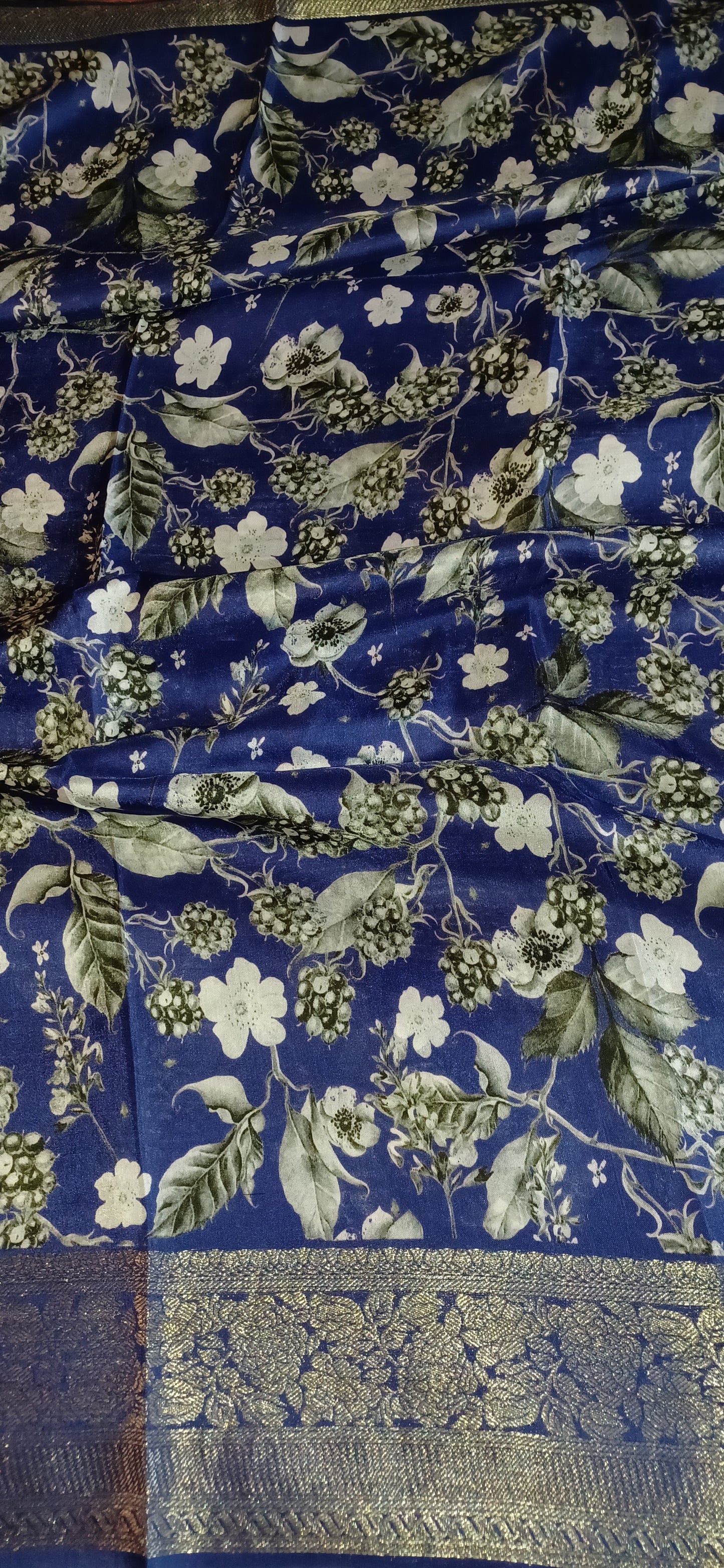 Dark blue Dola Silk Saree with Digital print and zari woven border