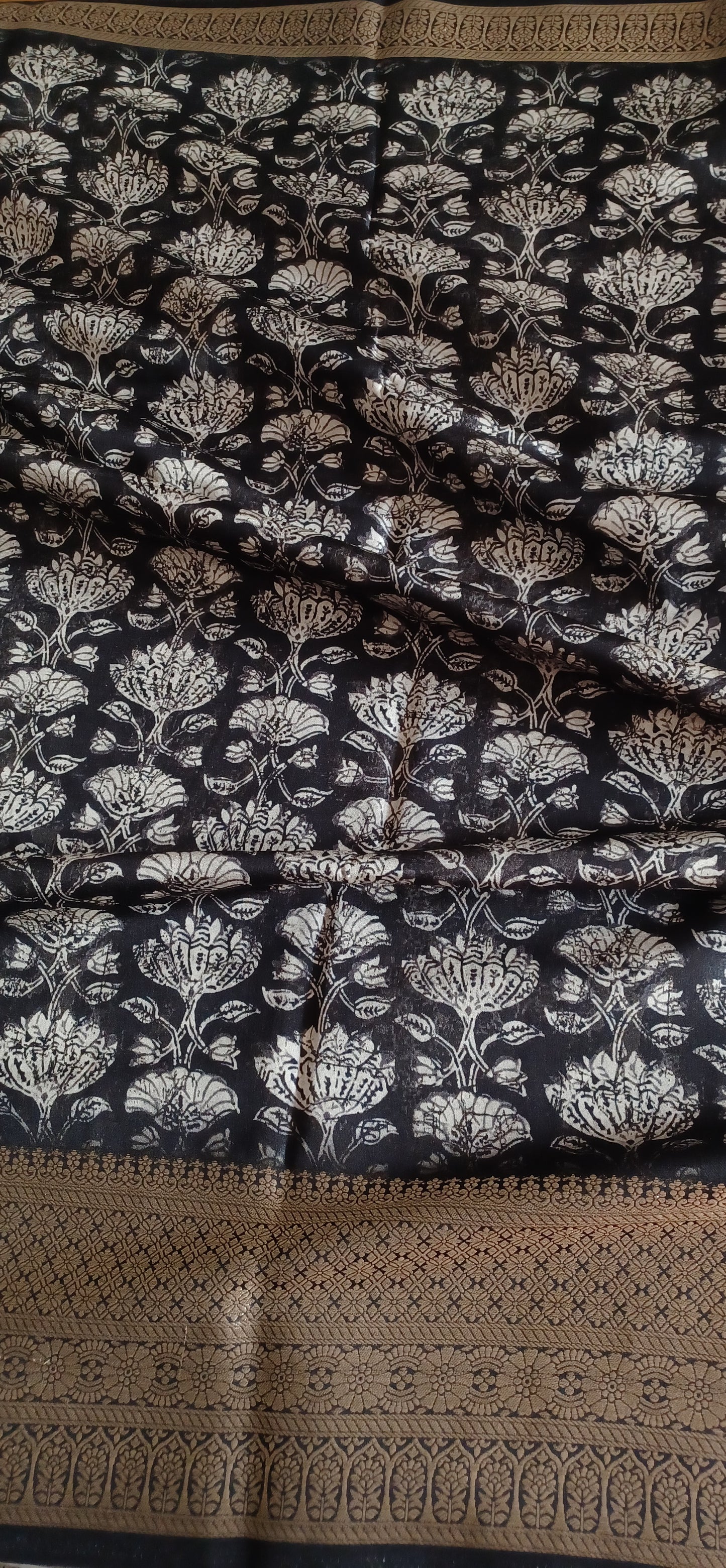 Black Dola Silk Saree with Digital print and zari woven border