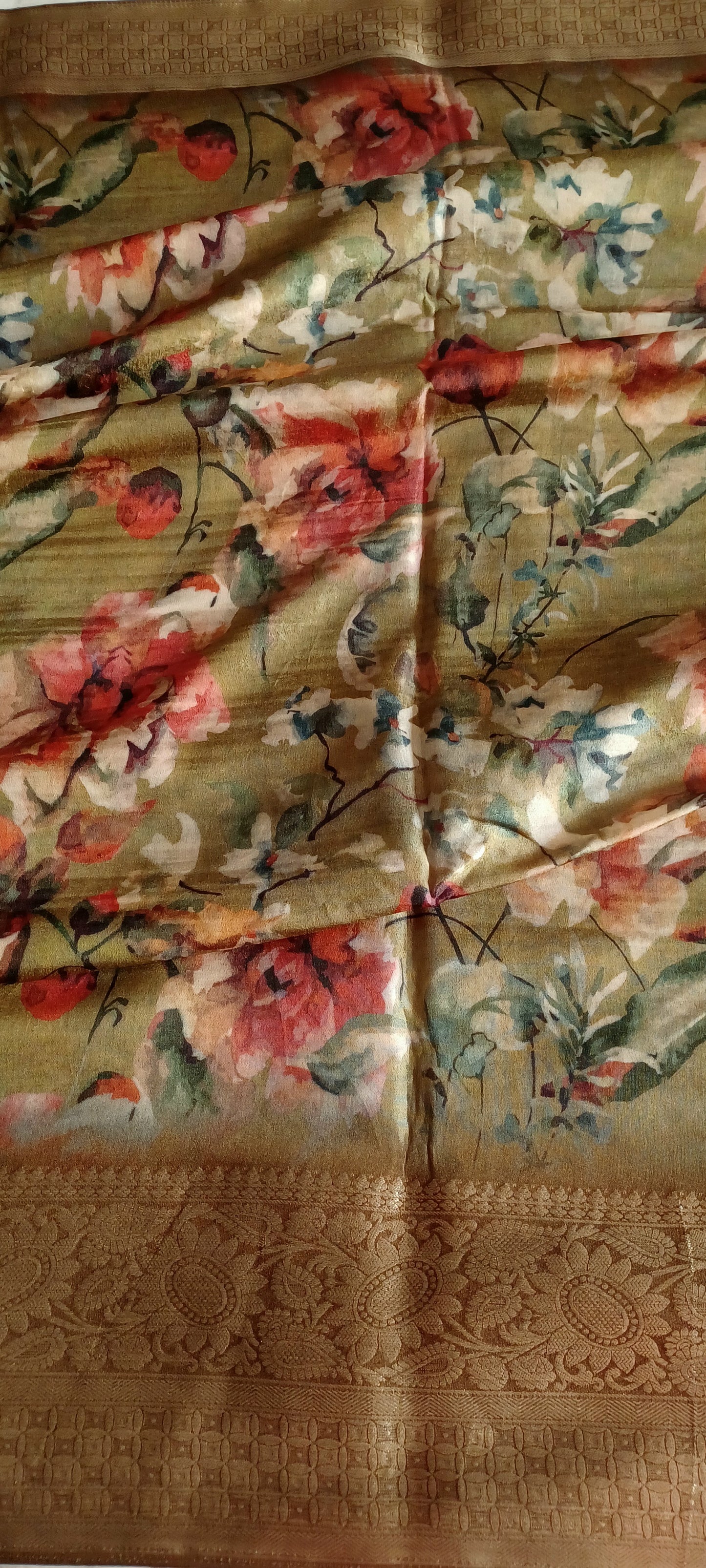 Ripe Olive Green Dola Silk Saree with Digital print and zari woven border