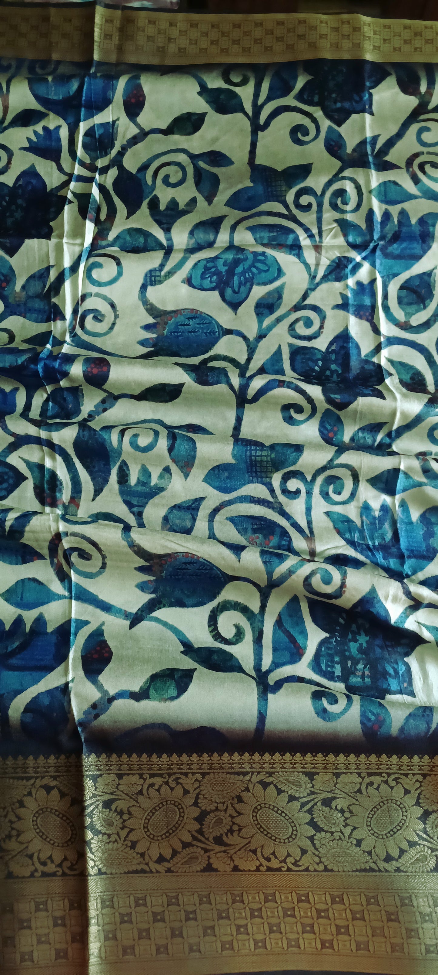 Off-white and Indigo blue Dola Silk Saree with Digital print and zari woven border