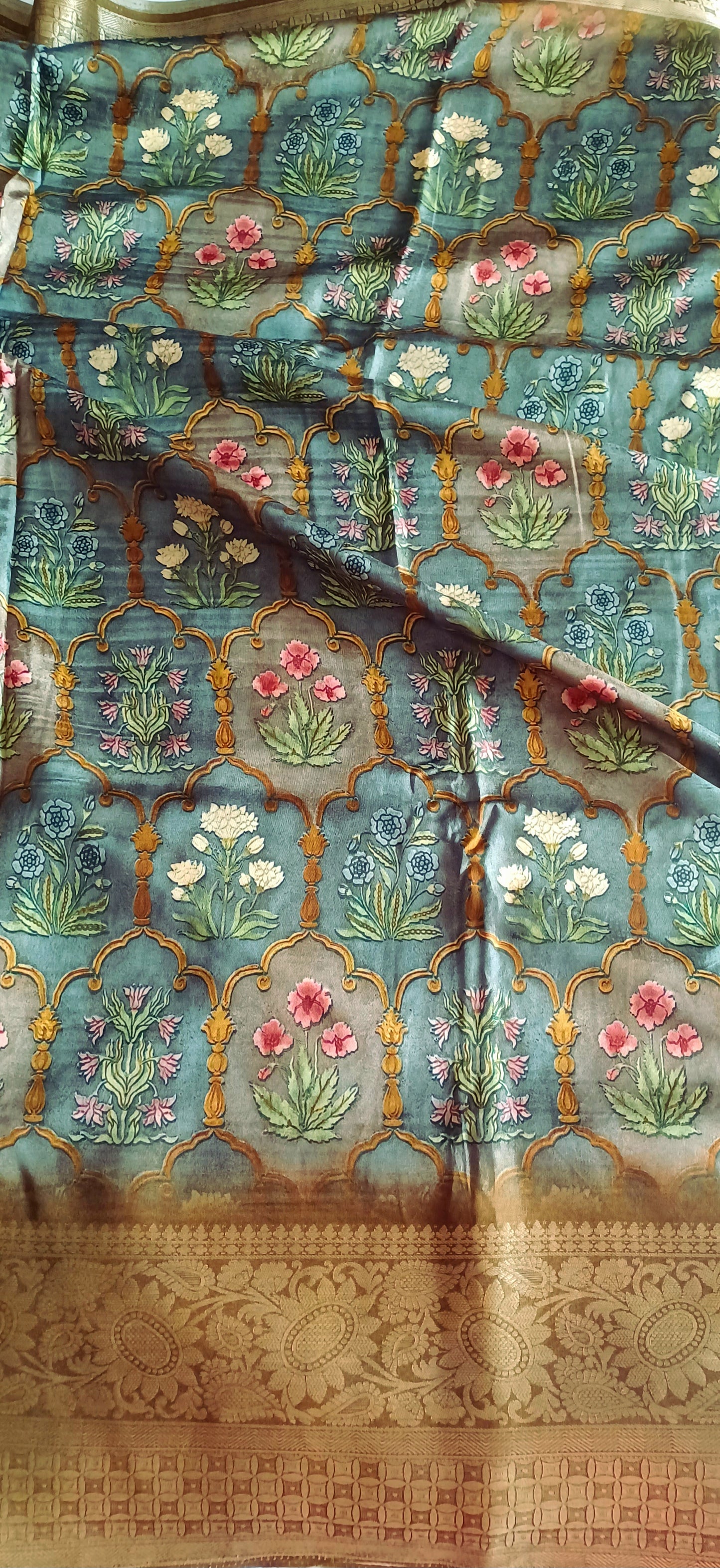 Grey and multi-colour prints Dola Silk Saree with Digital print and zari woven border