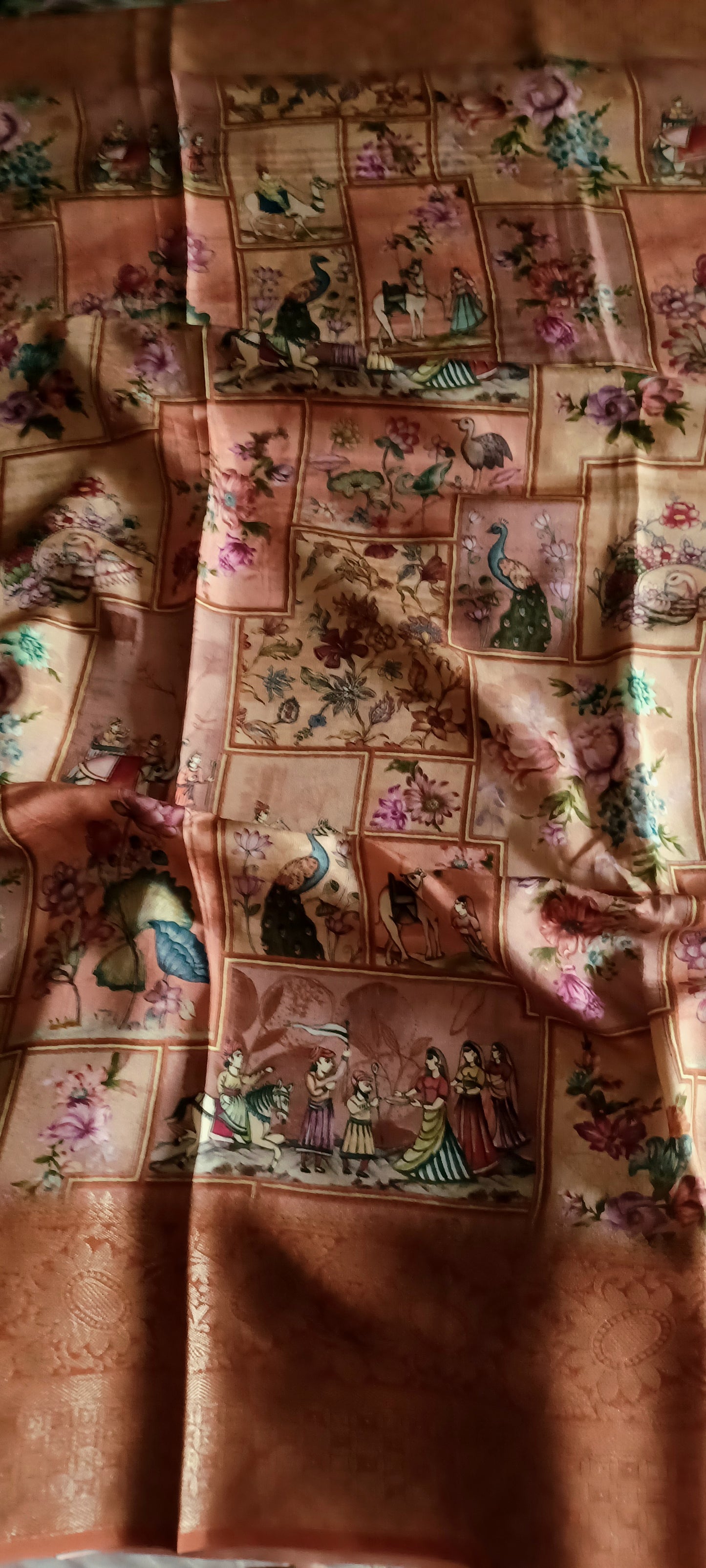 Peach pink and multi-colour print Dola Silk Saree with Digital print and zari woven border