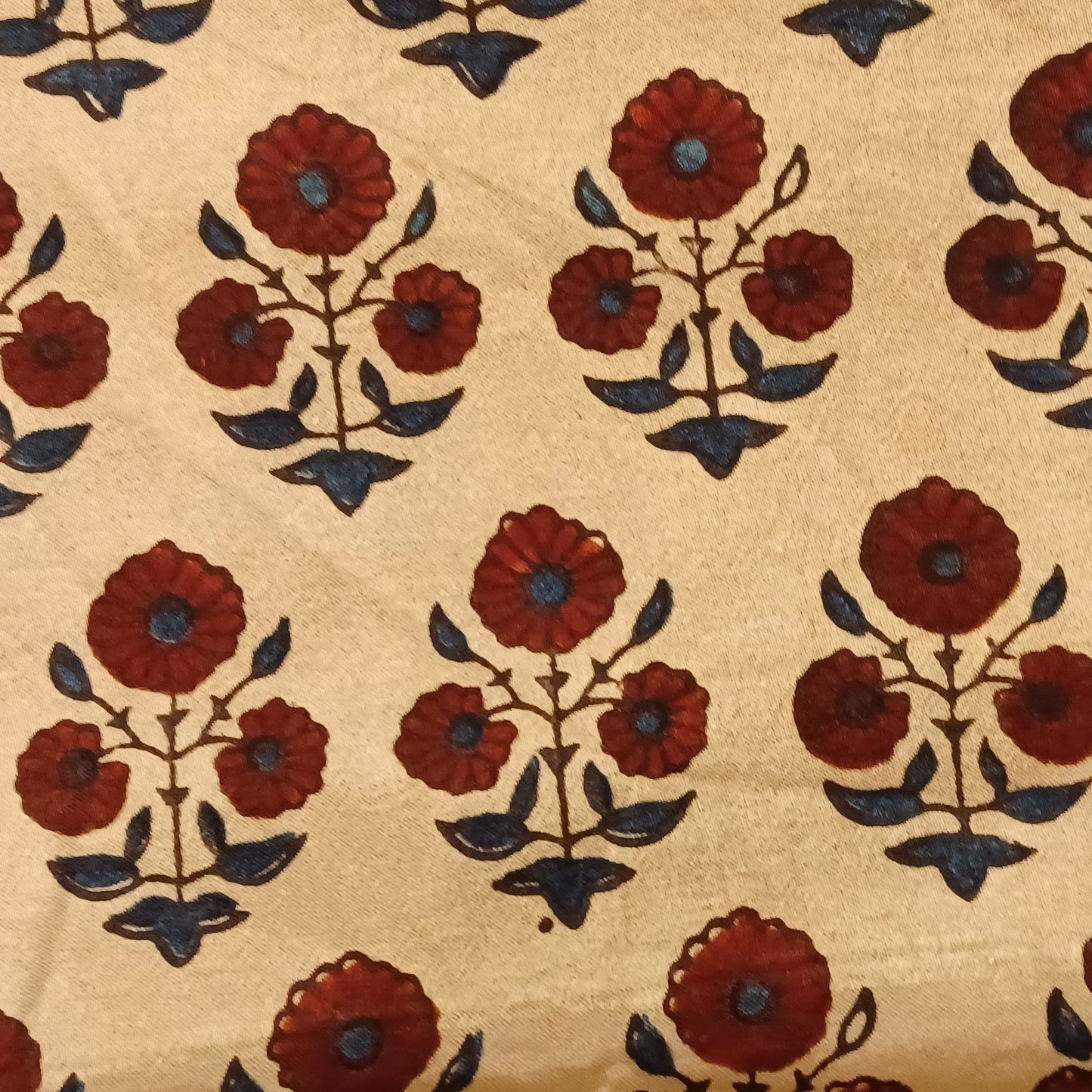 Beige, Indigo blue and Maroon Ajrakh Handblock print Mashru Silk Fabric