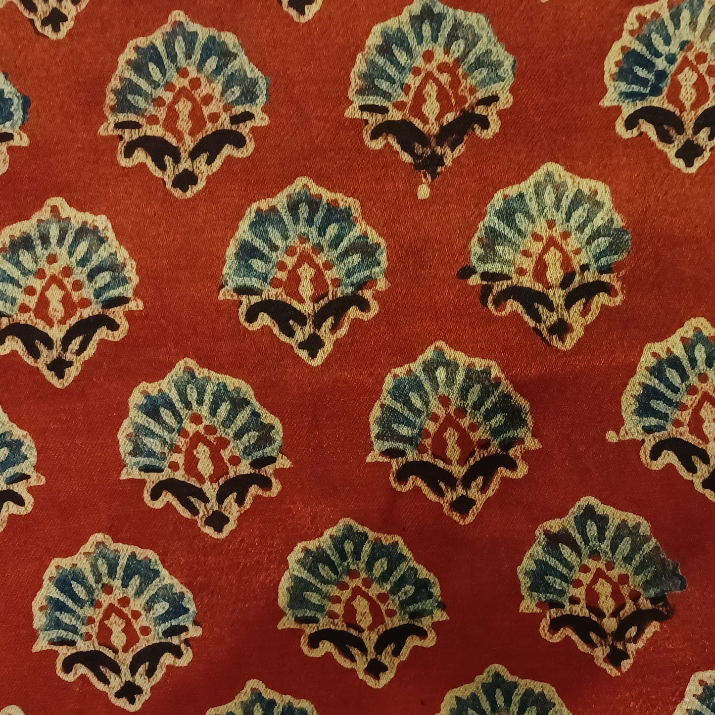 Maroon Red, Indigo blue and Black Ajrakh Handblock print Mashru Silk Fabric