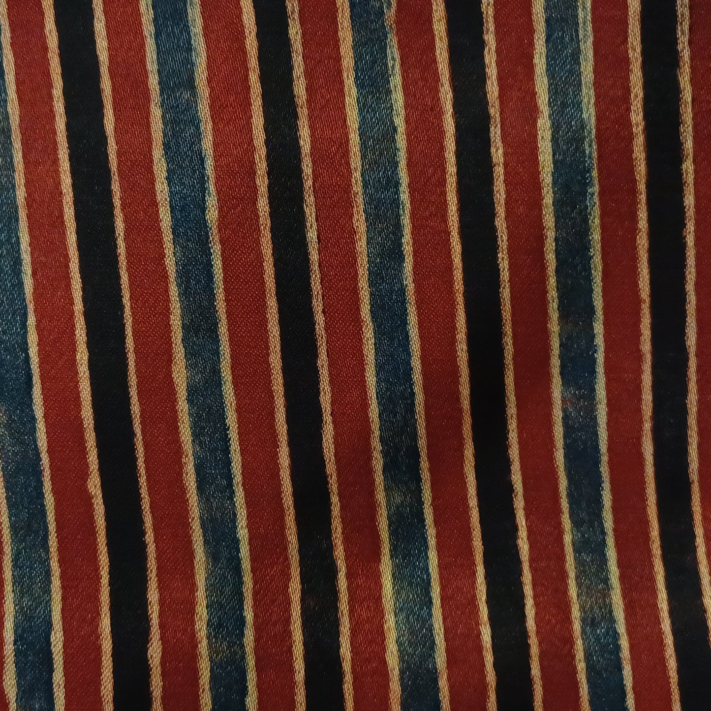 Maroon Red, Indigo blue and Black Ajrakh Handblock Stripes print Mashru Silk Fabric