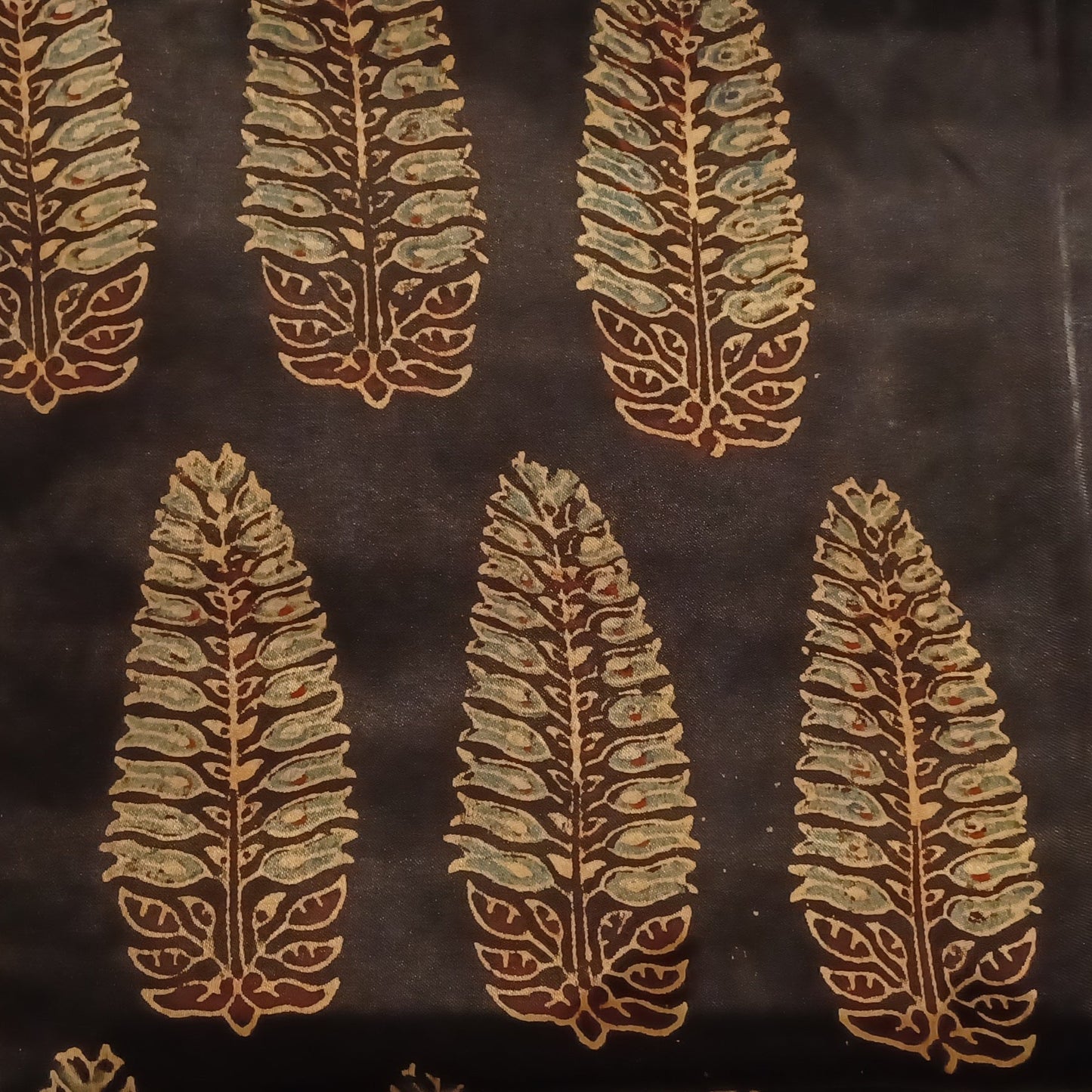 Black with Indigo and Maroon Ajrakh Handblock Print Modal Silk Fabric