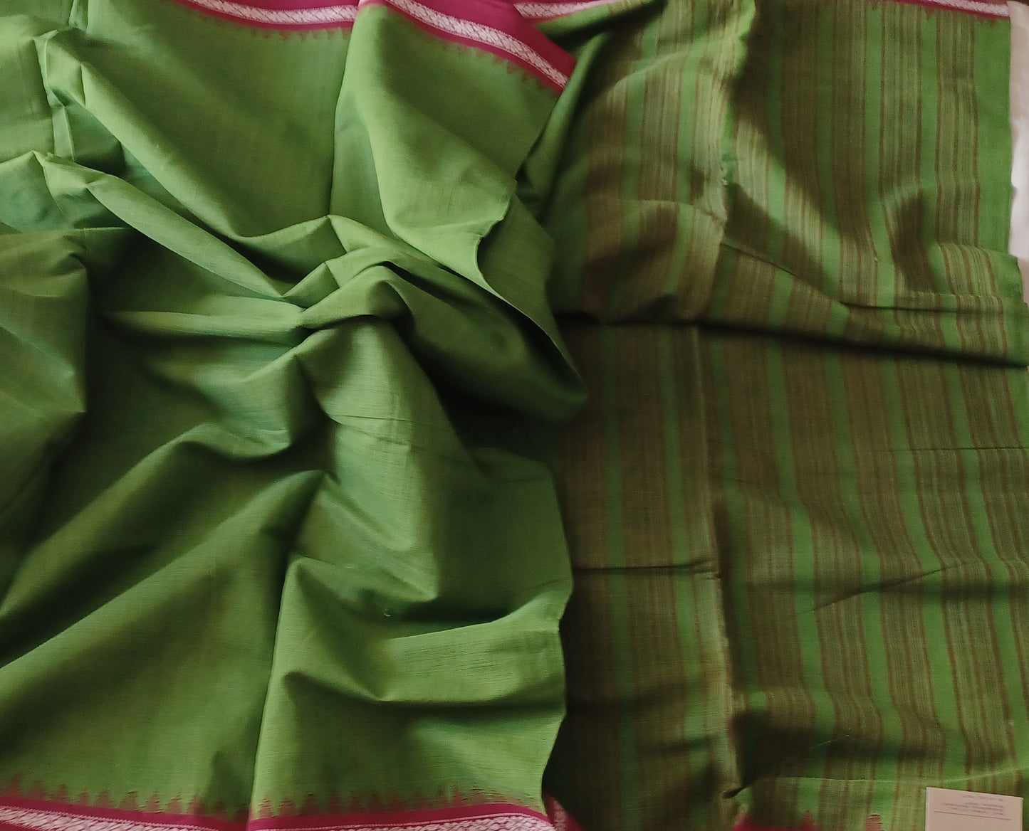 Green with Maroon dobby border Ponduru handwoven cotton Saree