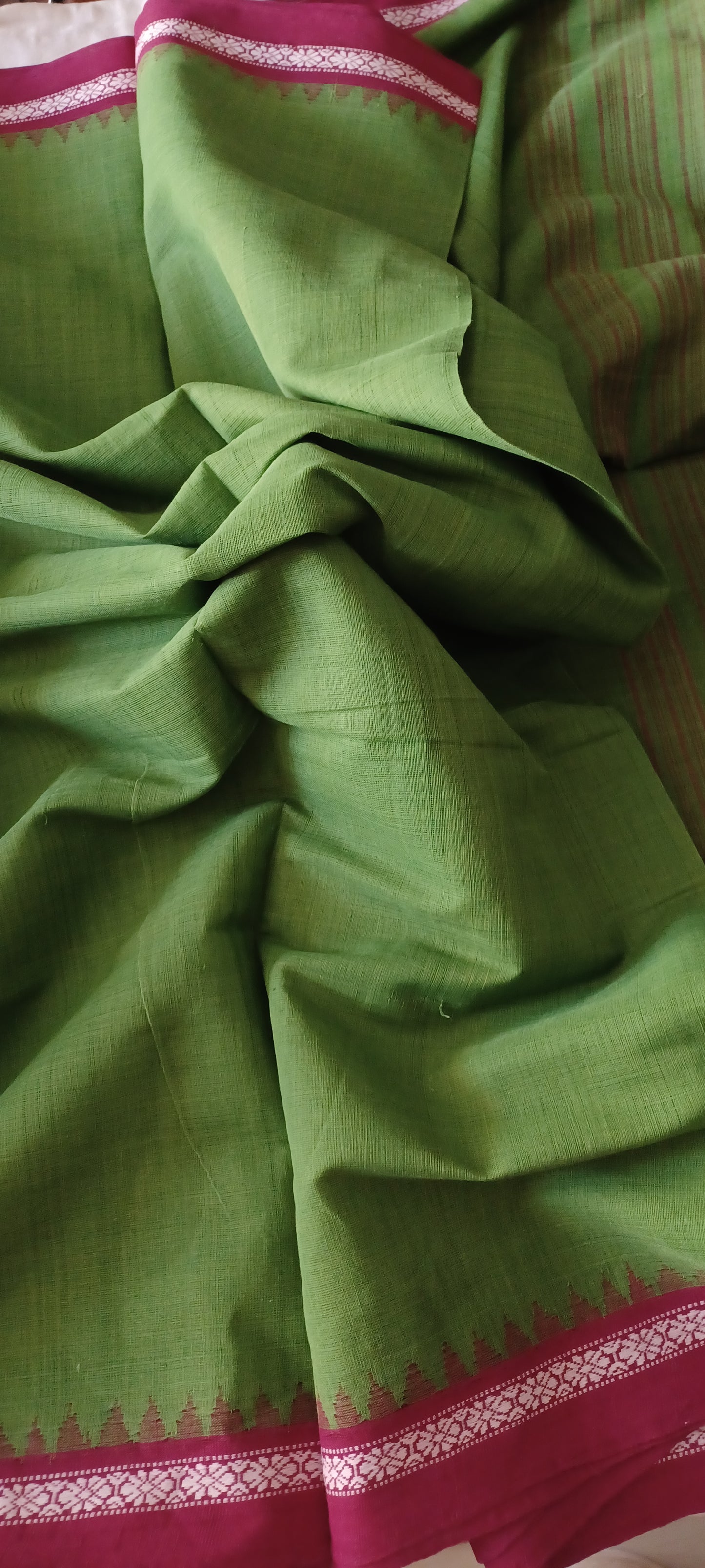 Green with Maroon dobby border Ponduru handwoven cotton Saree