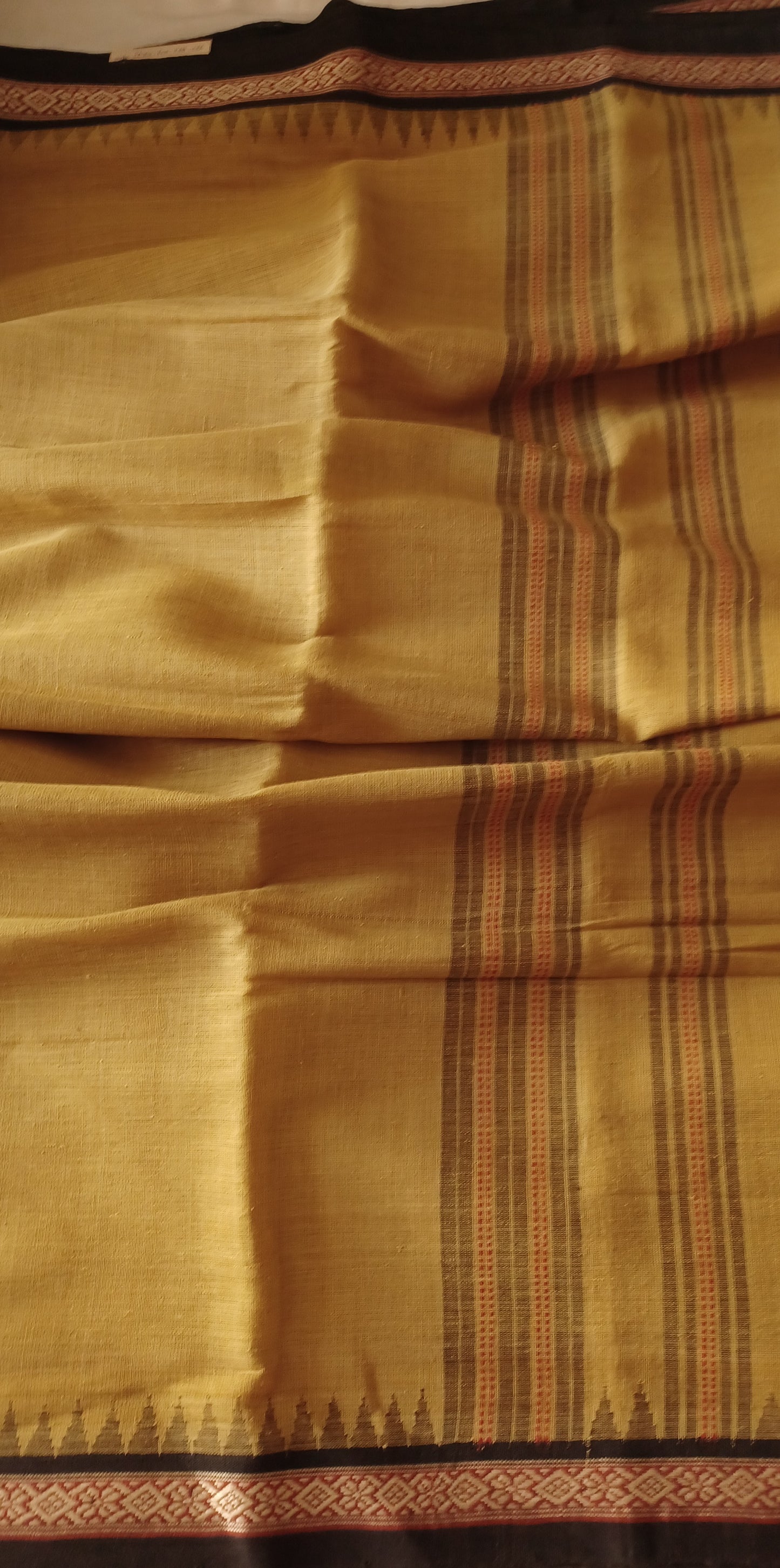 Mustard Yellow with black dobby border Ponduru Handspun Handwoven cotton Saree