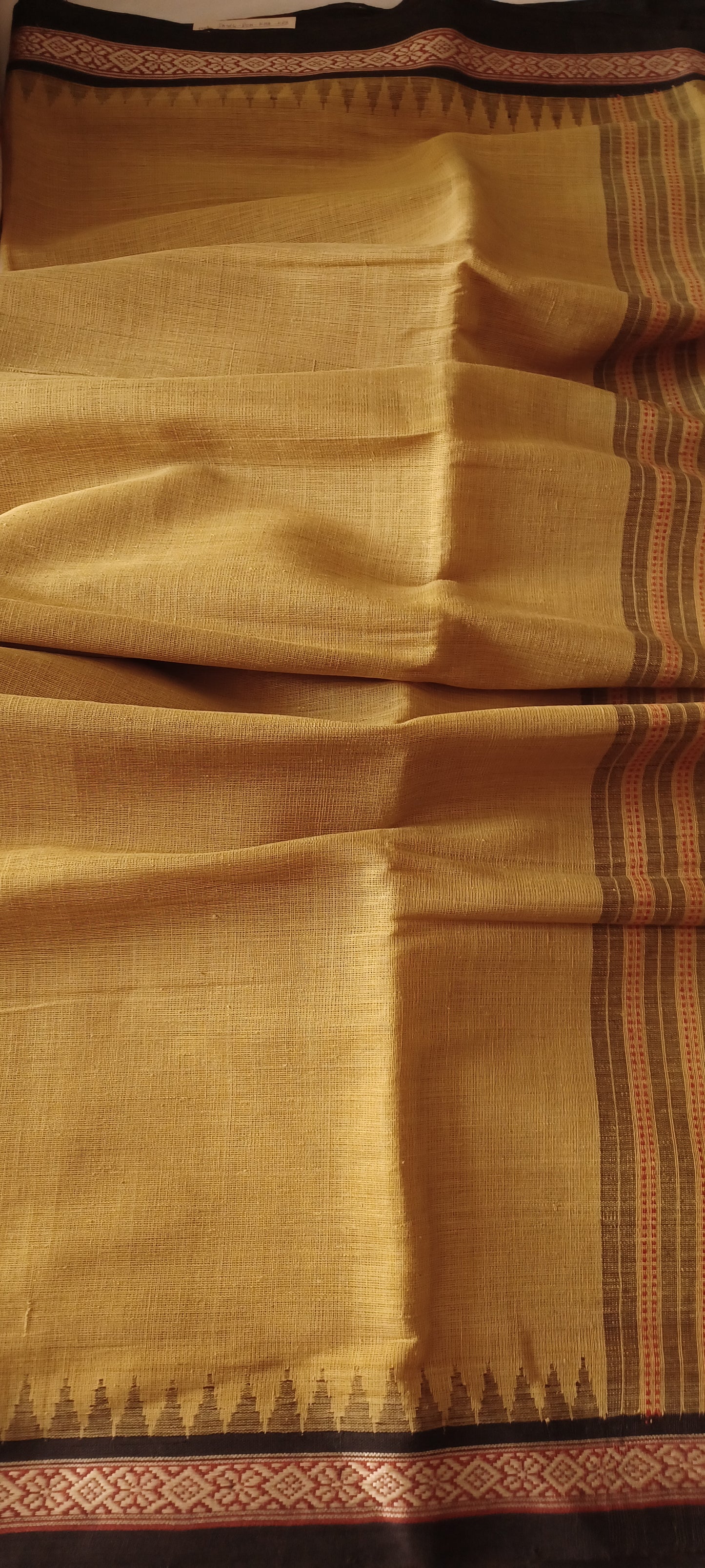 Mustard Yellow with black dobby border Ponduru Handspun Handwoven cotton Saree