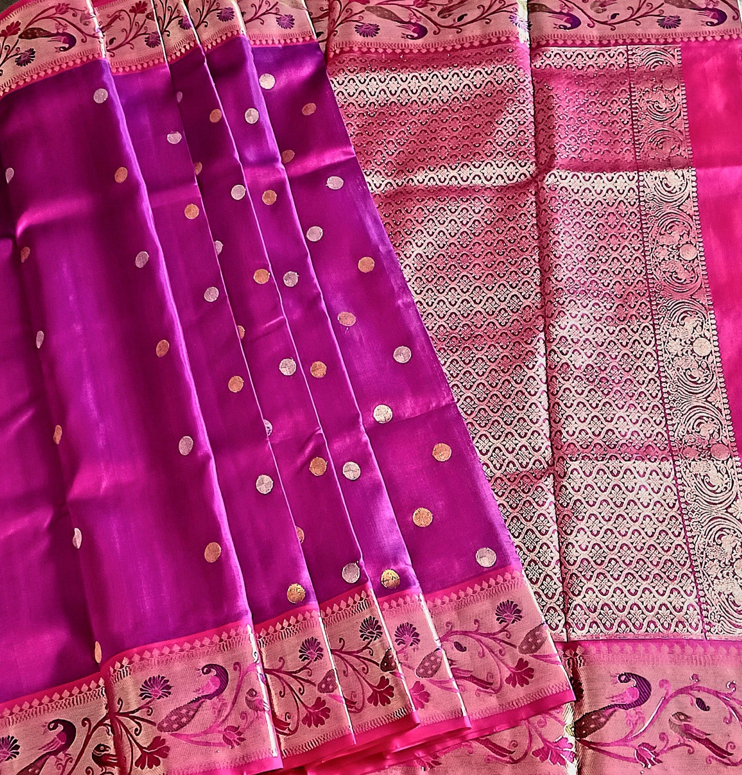Purple Pink Shot colour with Silver Zari Motifs and Pink Paithani border Venkatagiri Pure Silk saree