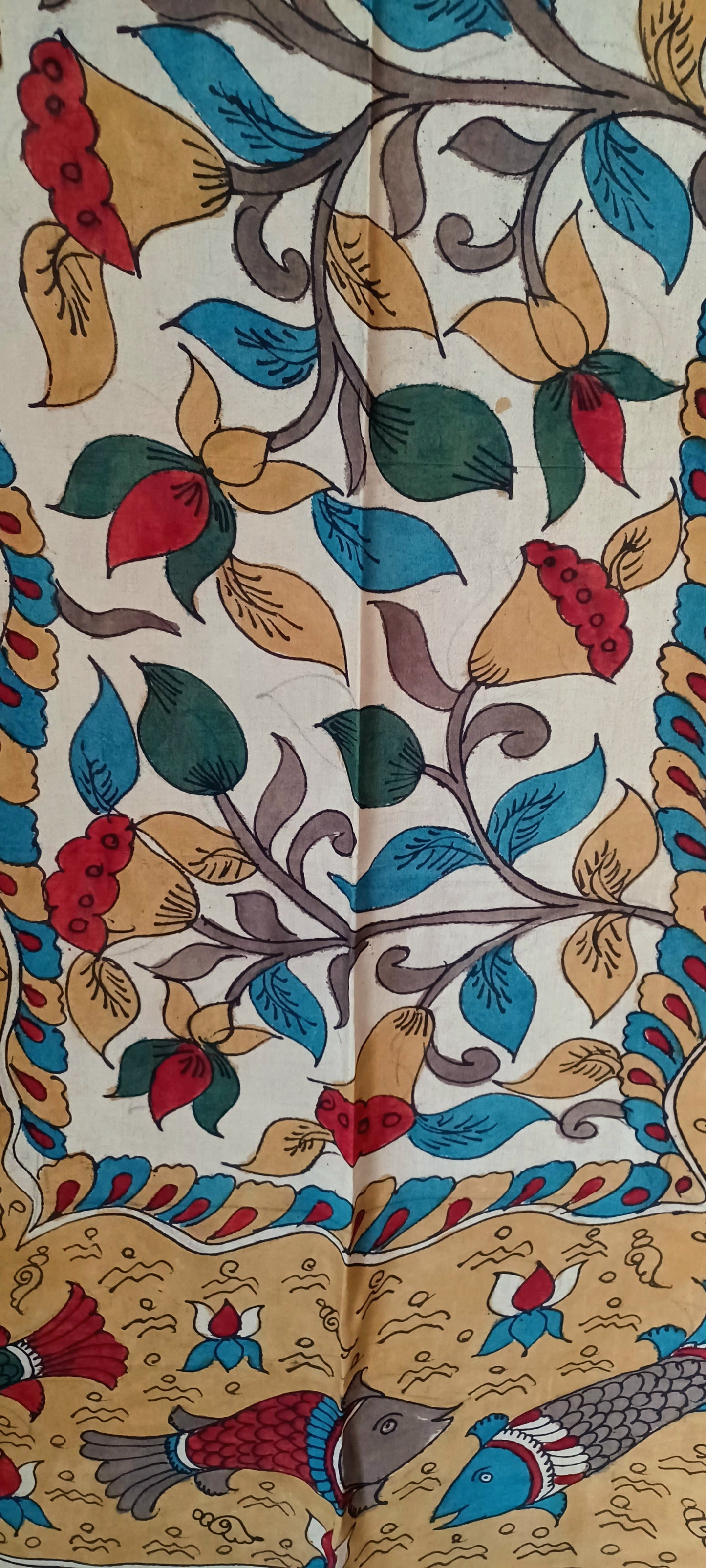 Off-white and beige Srikalahasti Pen Kalamkari Bangalore Silk Handpainted Dupatta