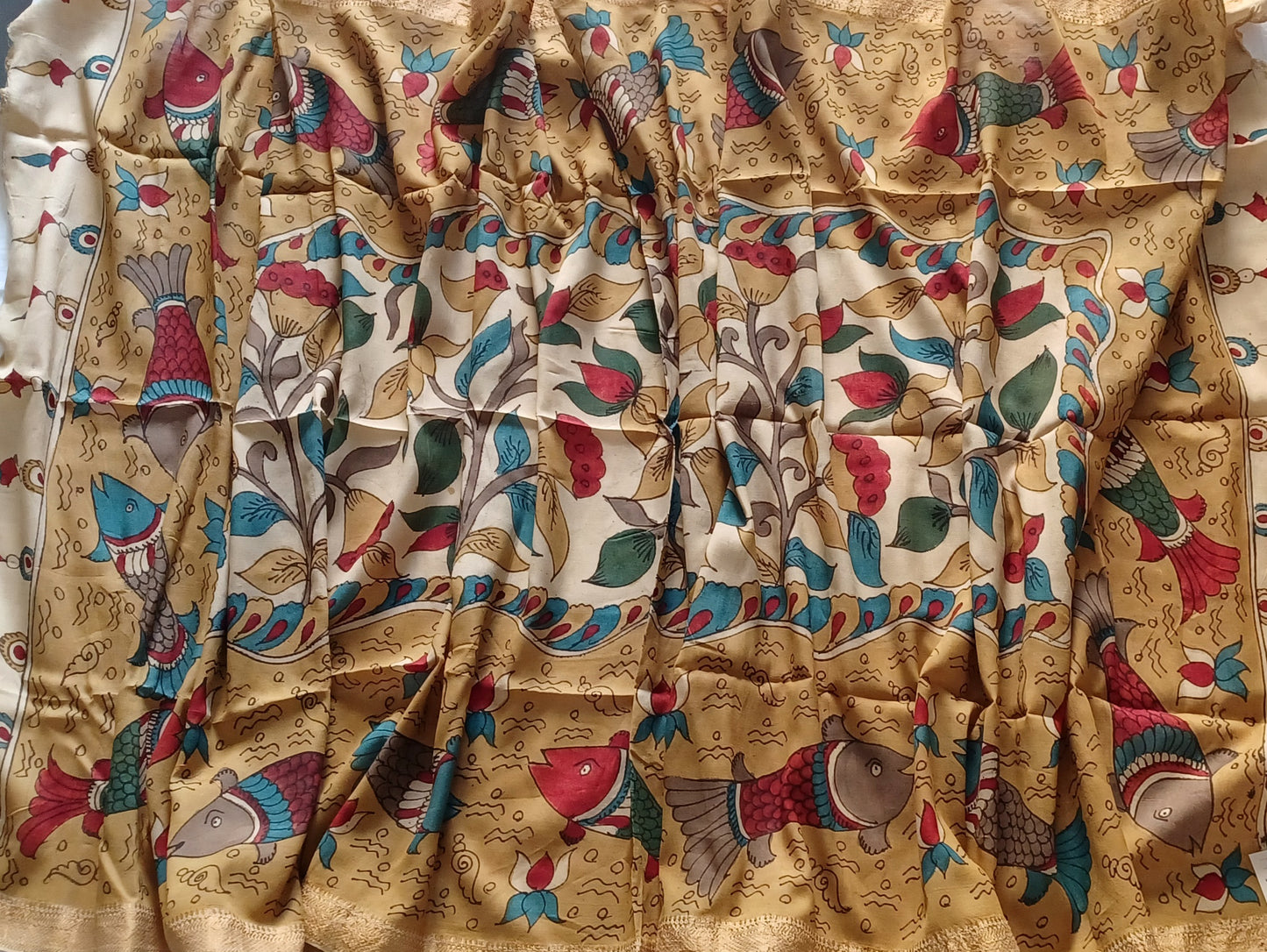 Off-white and beige Srikalahasti Pen Kalamkari Bangalore Silk Handpainted Dupatta
