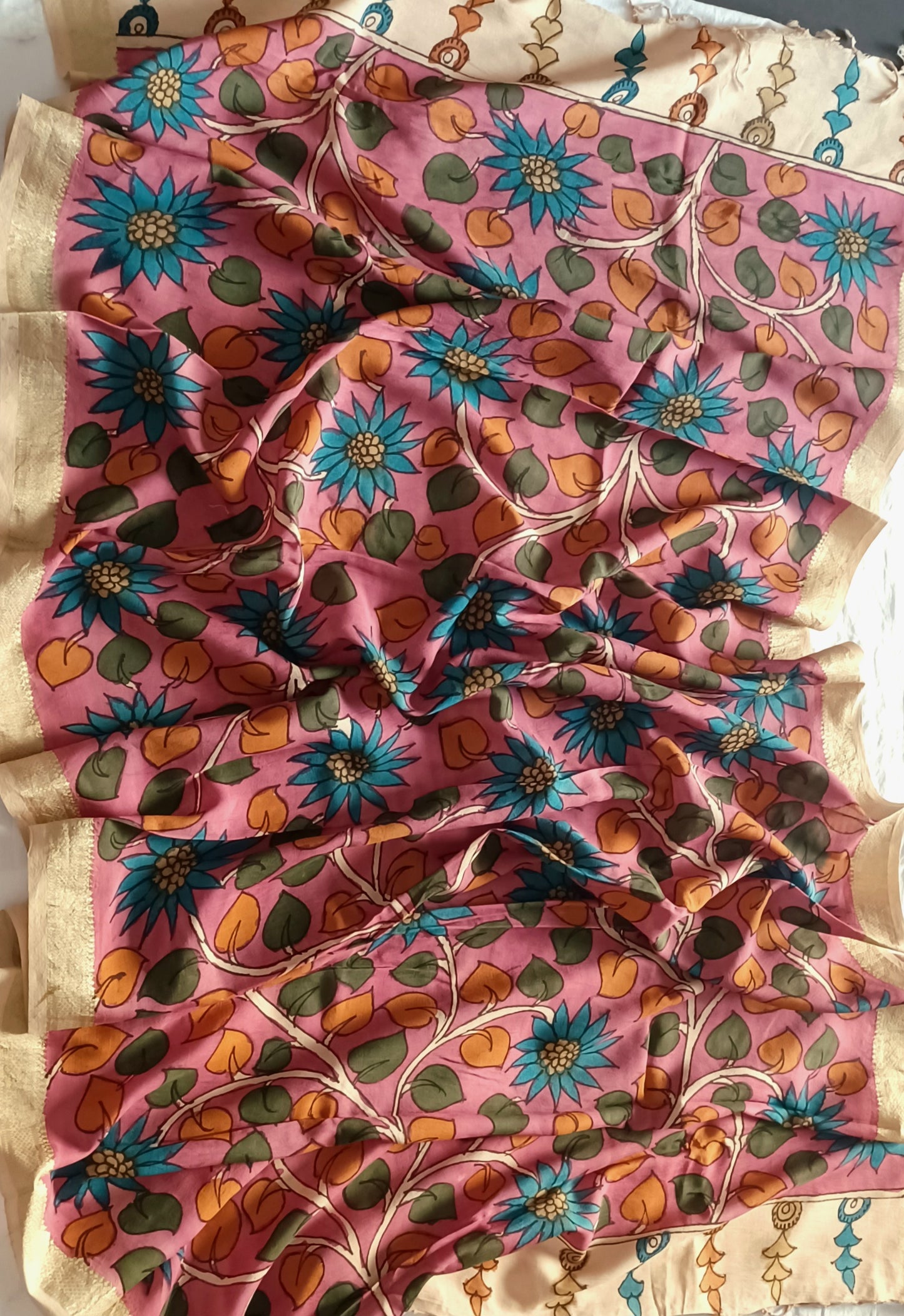 Pink Srikalahasti Pen Kalamkari Bangalore Silk Handpainted Dupatta