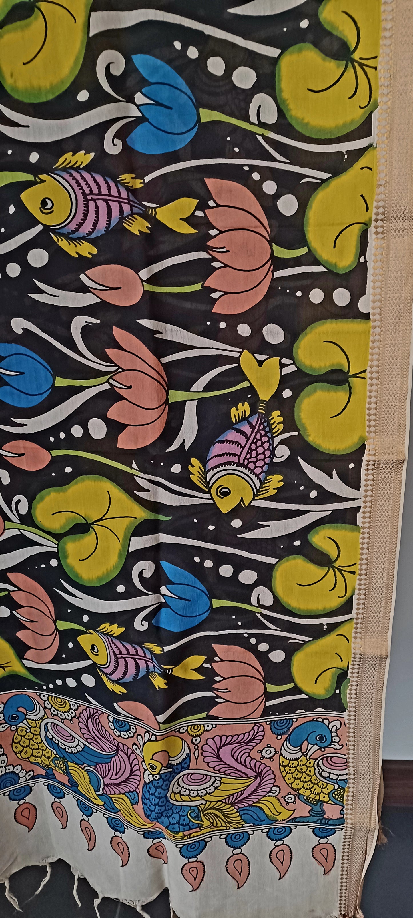 Black Srikalahasti Pen Kalamkari Bangalore Silk Handpainted Dupatta