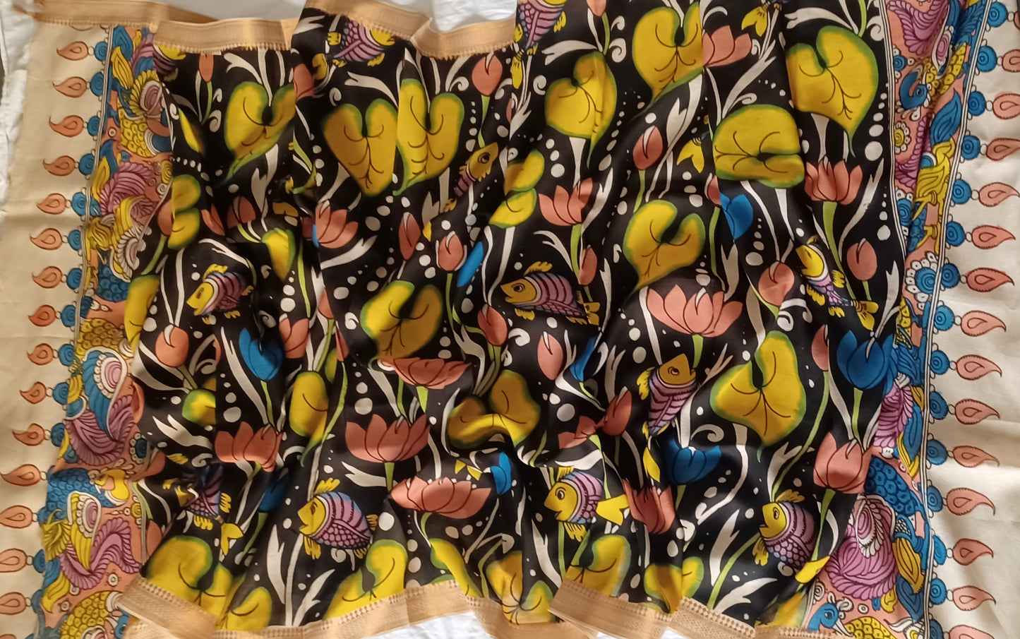 Black Srikalahasti Pen Kalamkari Bangalore Silk Handpainted Dupatta