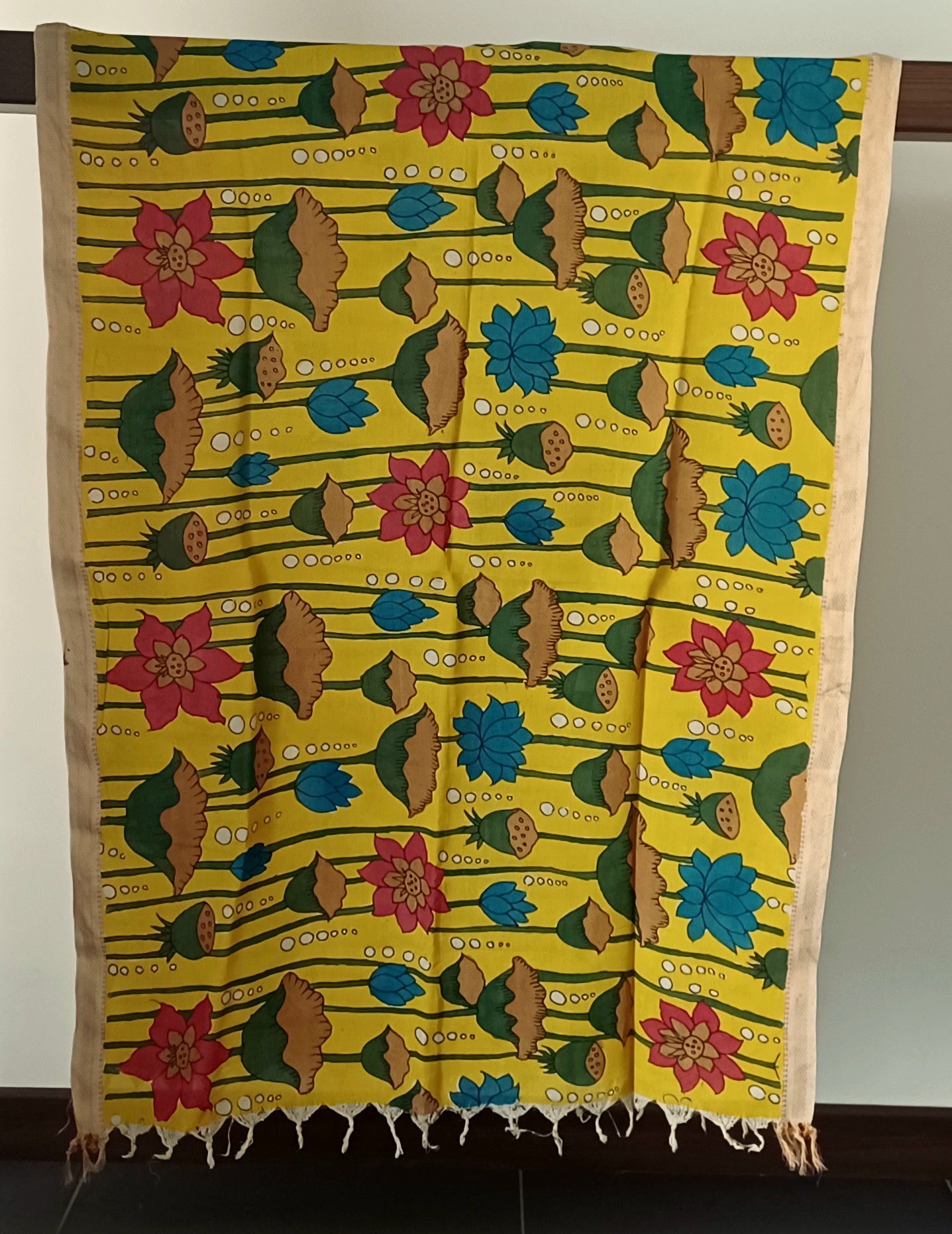 Yellow Srikalahasti Pen Kalamkari Bangalore Silk Handpainted Dupatta