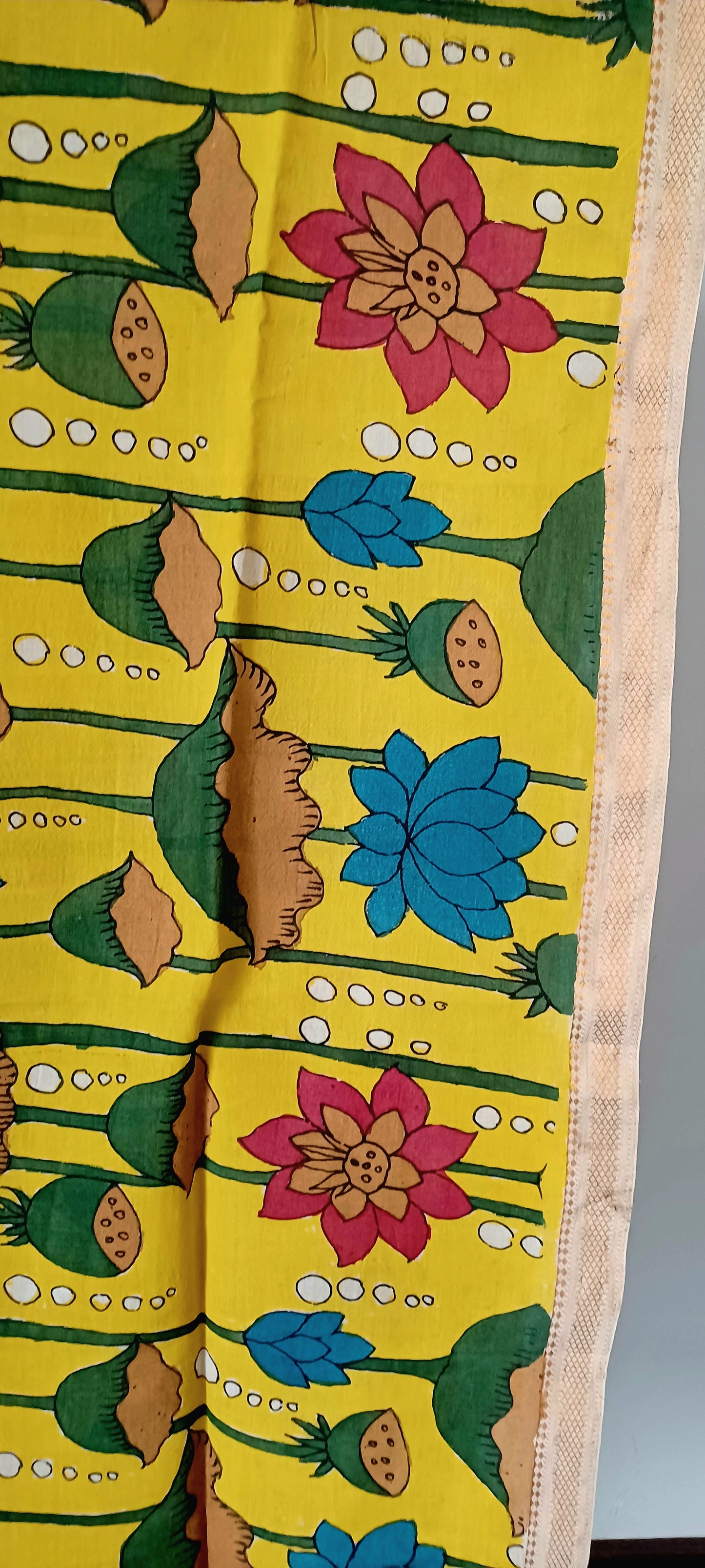 Yellow Srikalahasti Pen Kalamkari Bangalore Silk Handpainted Dupatta