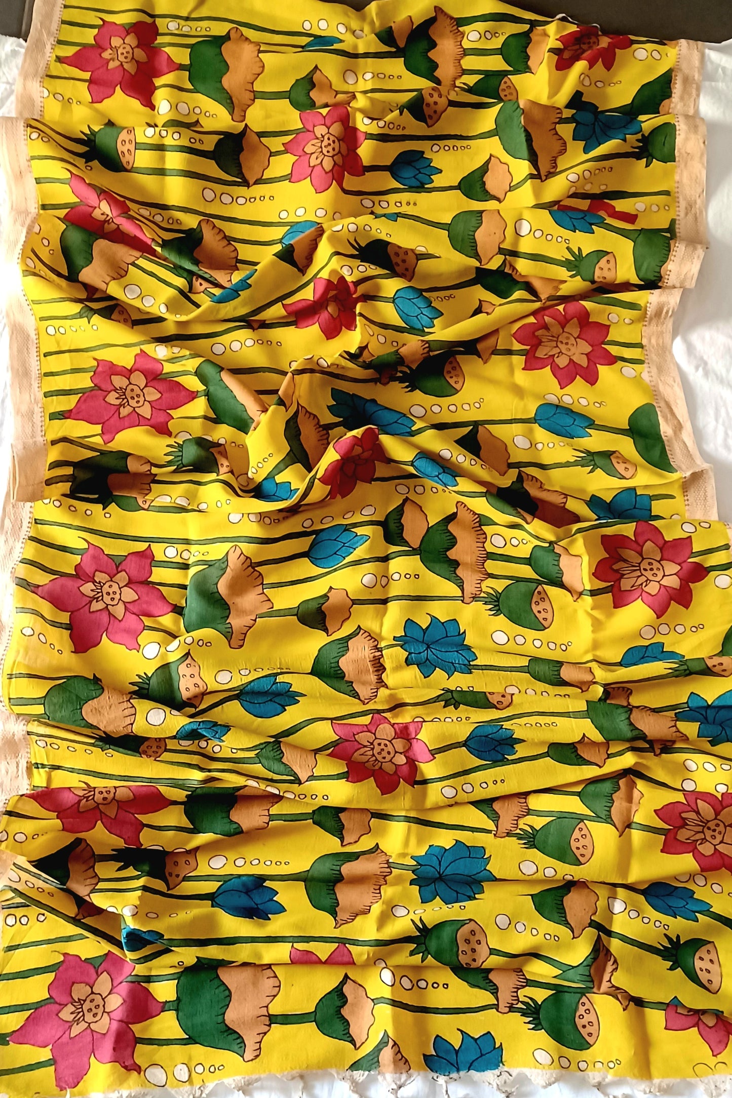 Yellow Srikalahasti Pen Kalamkari Bangalore Silk Handpainted Dupatta