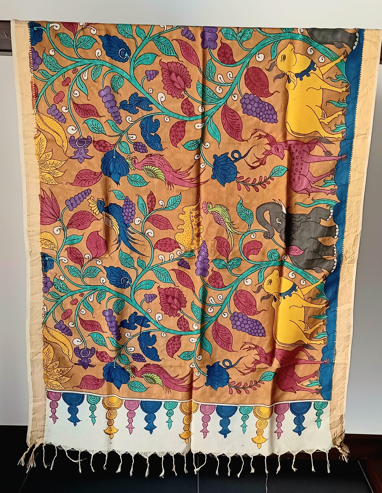 Light Brown Srikalahasti Pen Kalamkari Bangalore Silk Handpainted Dupatta