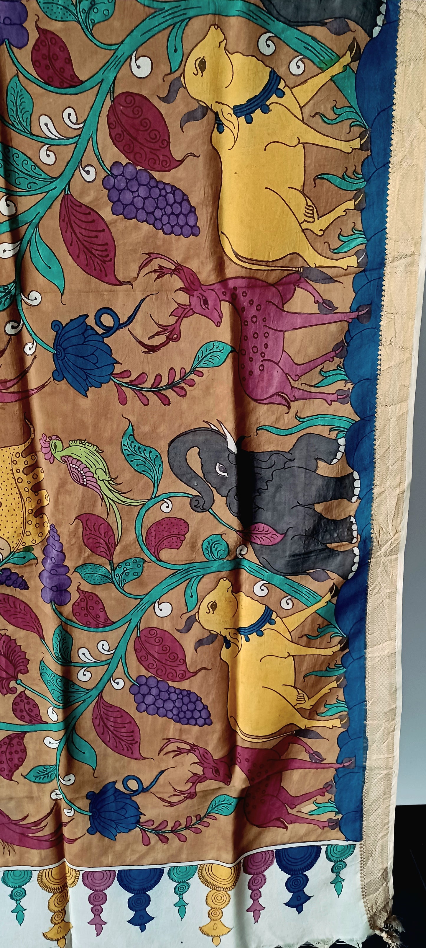 Light Brown Srikalahasti Pen Kalamkari Bangalore Silk Handpainted Dupatta