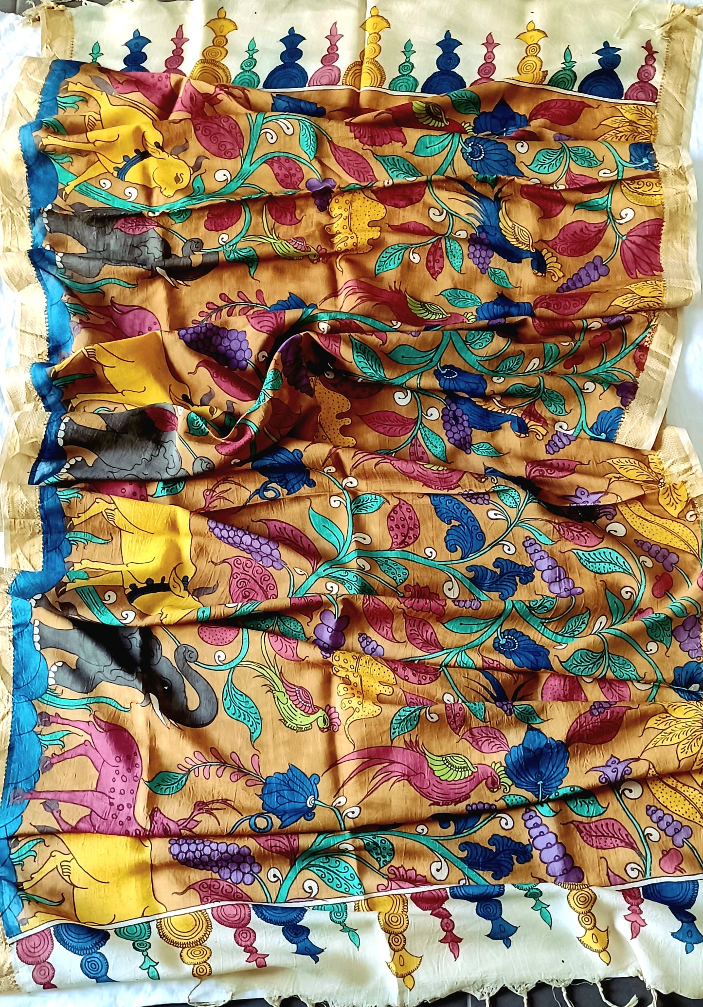 Light Brown Srikalahasti Pen Kalamkari Bangalore Silk Handpainted Dupatta