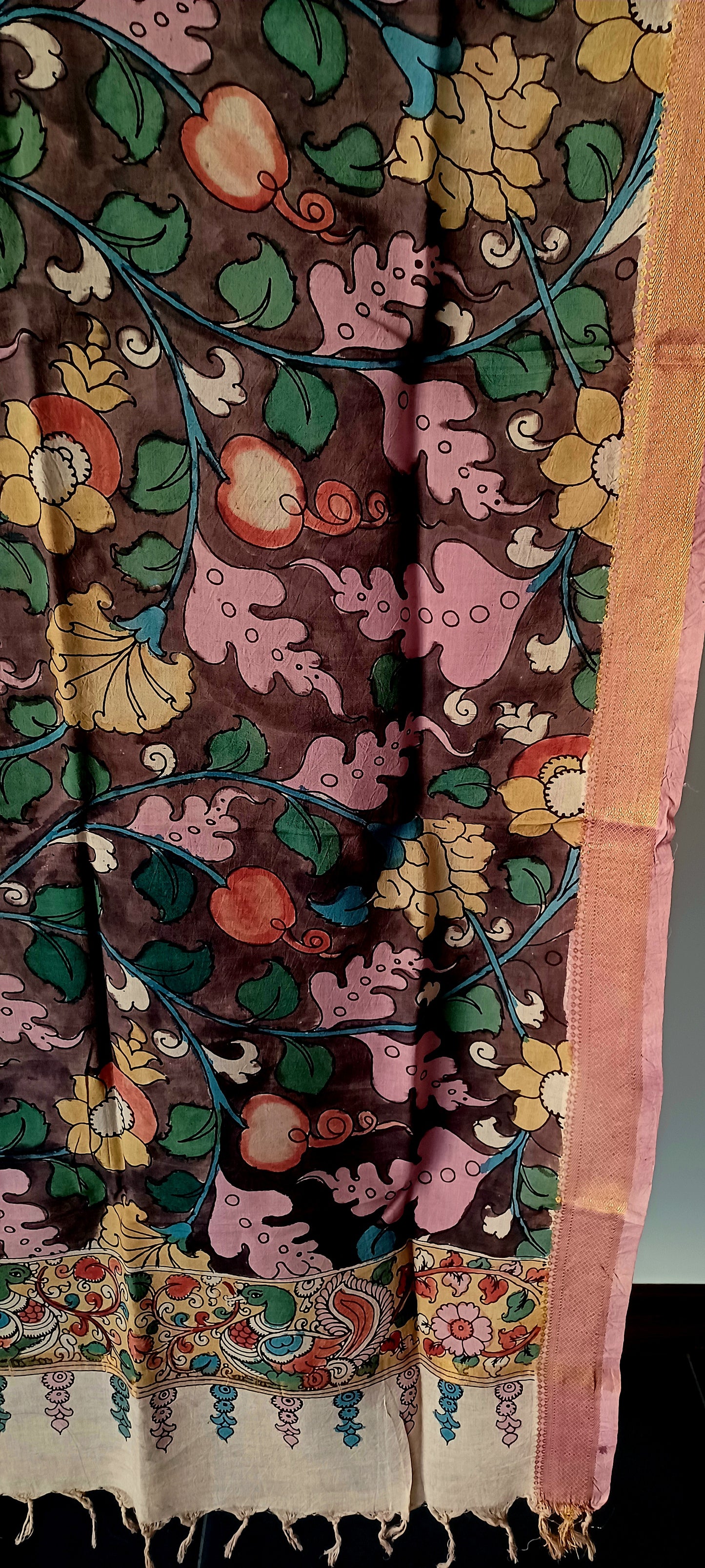 Dark Brown Srikalahasti Pen Kalamkari Bangalore Silk Handpainted Dupatta