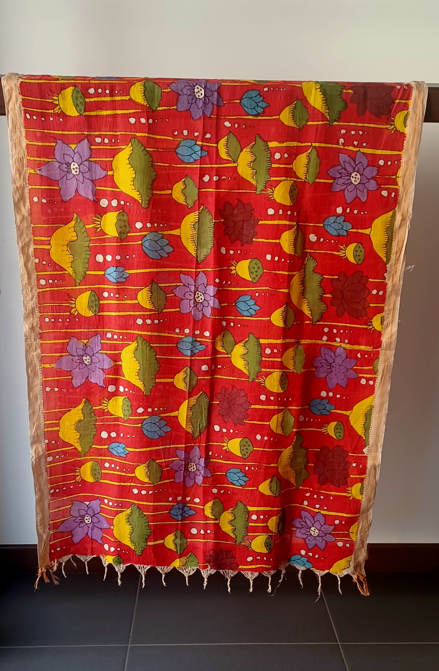 Red Srikalahasti Pen Kalamkari Bangalore Silk Handpainted Dupatta