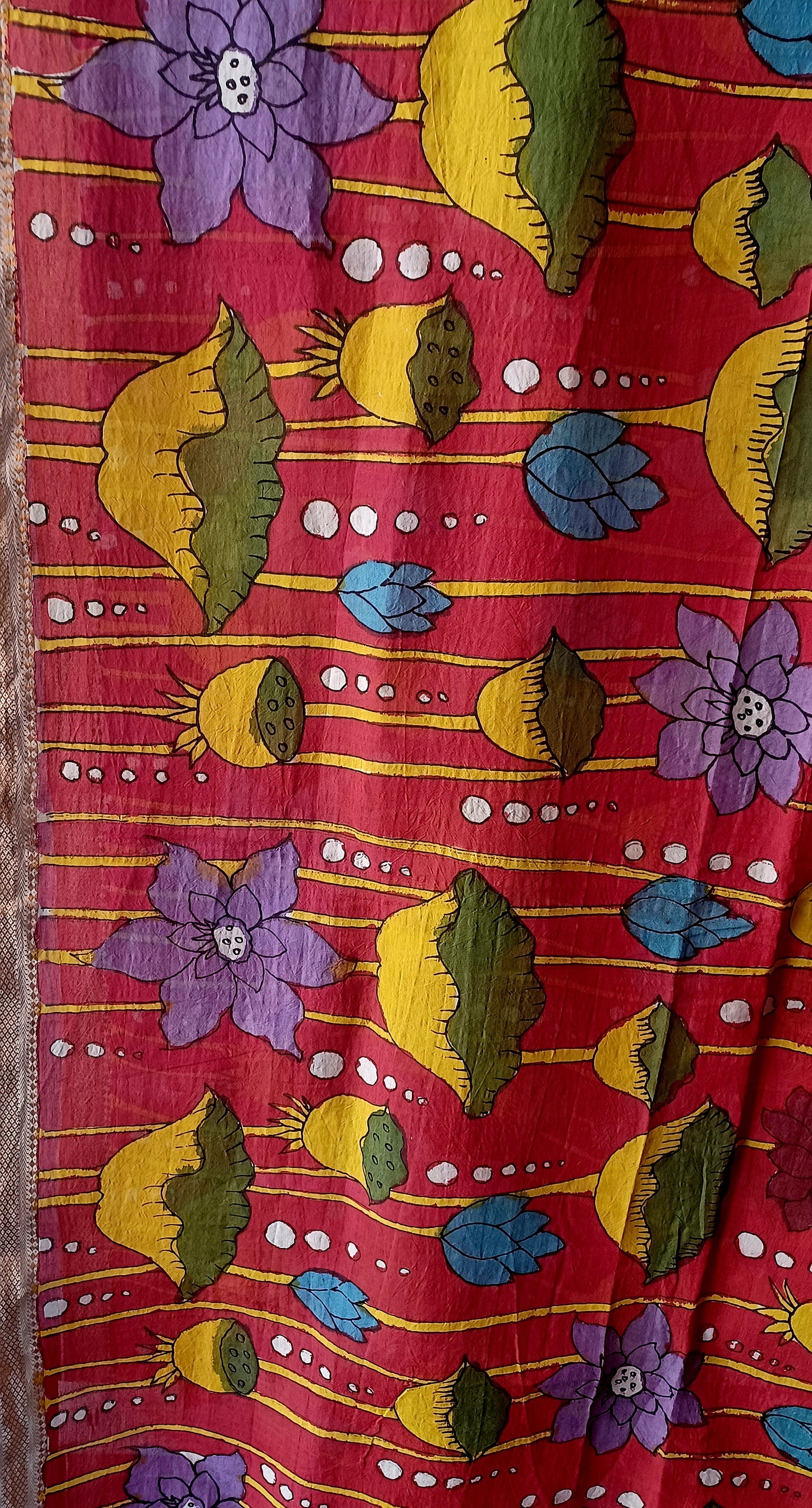 Red Srikalahasti Pen Kalamkari Bangalore Silk Handpainted Dupatta