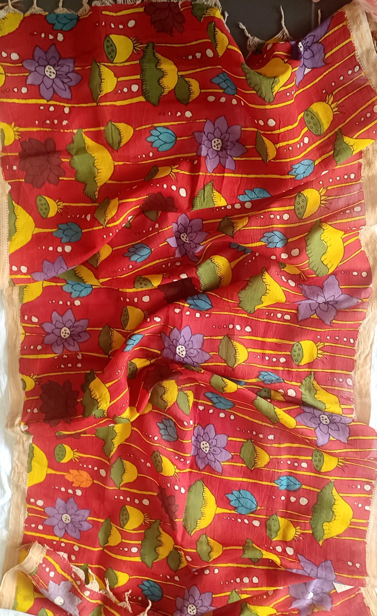 Red Srikalahasti Pen Kalamkari Bangalore Silk Handpainted Dupatta