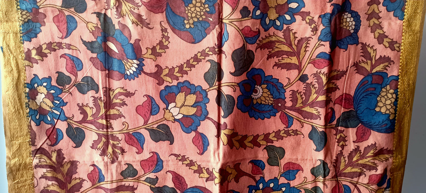 Pastel Pink Srikalahasti Pen Kalamkari Cotton Handpainted Dupatta