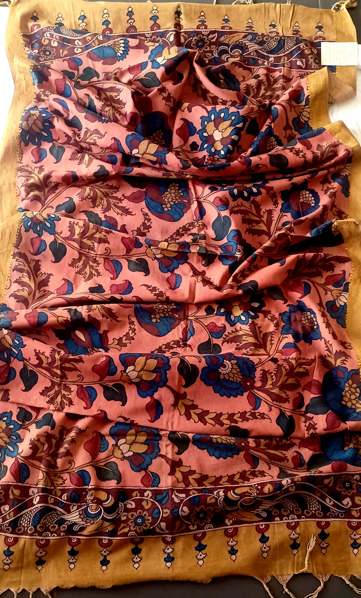 Pastel Pink Srikalahasti Pen Kalamkari Cotton Handpainted Dupatta