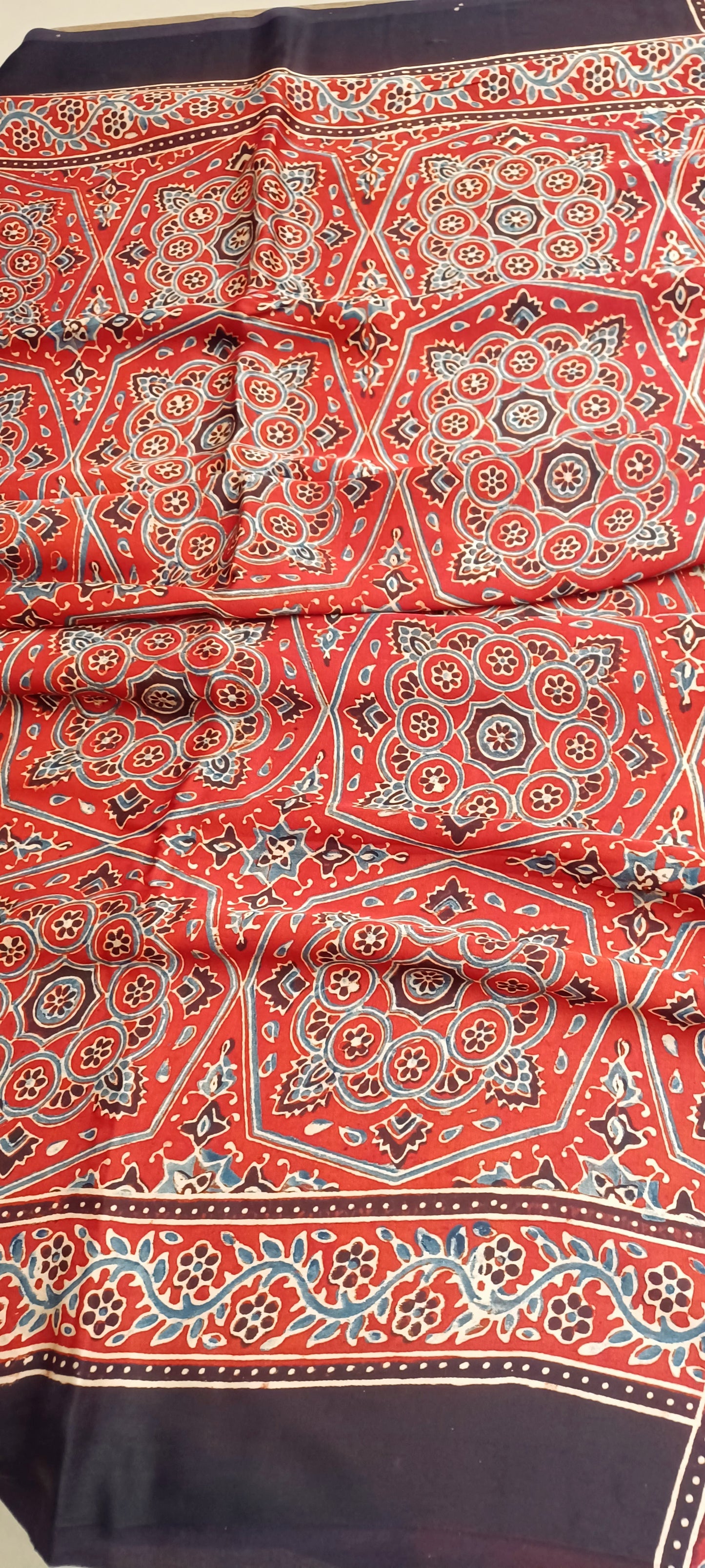 Red Modal Silk Ajrakh handblock print saree