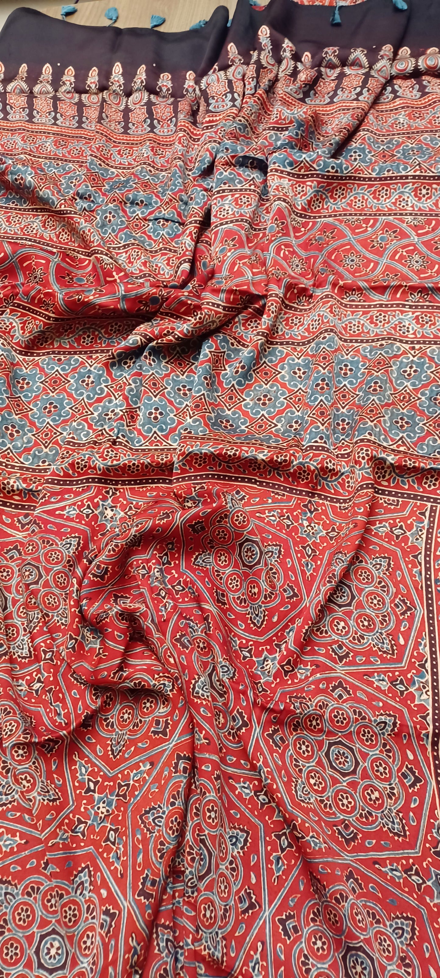 Red Modal Silk Ajrakh handblock print saree