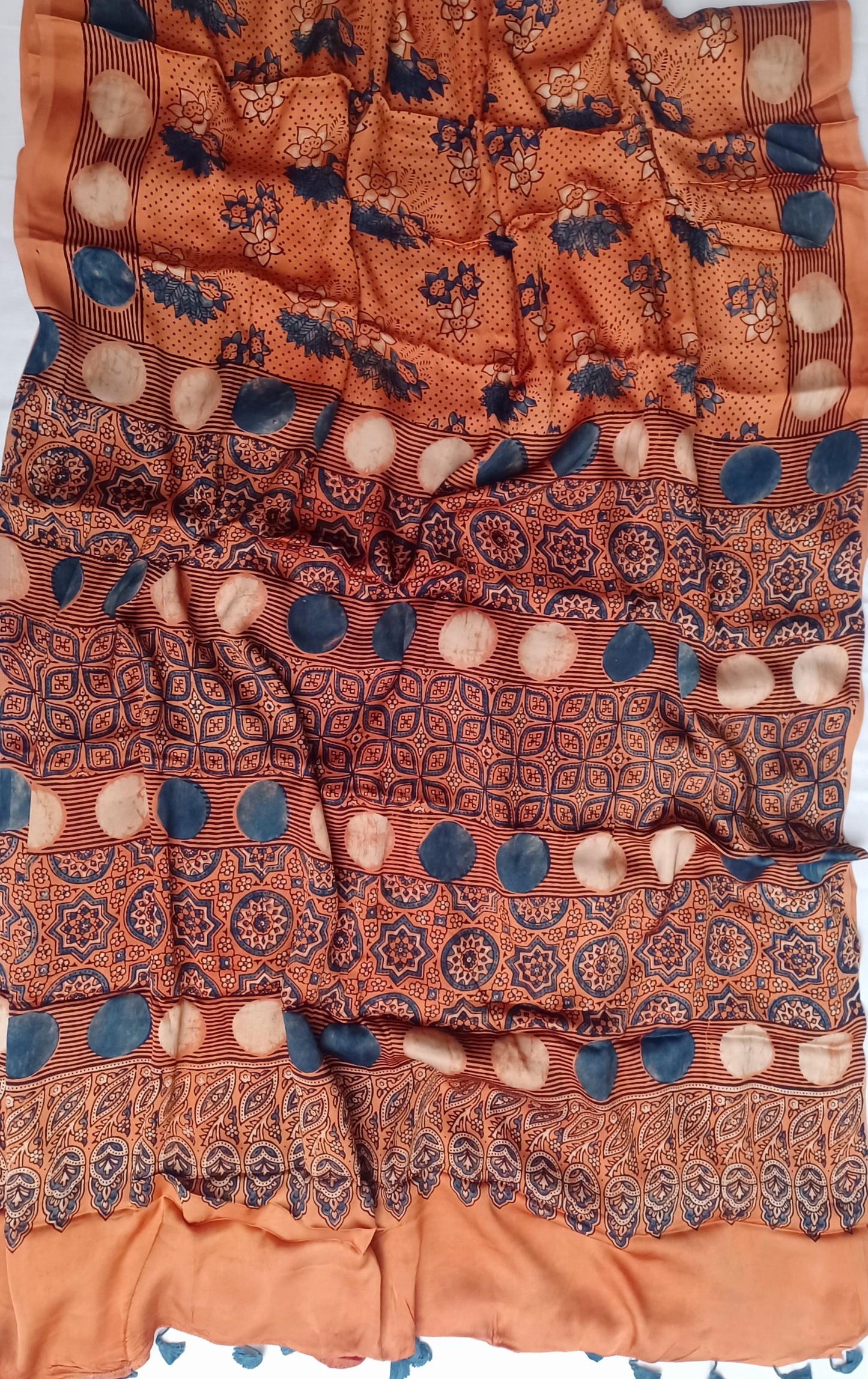 Orange Modal Silk Ajrakh handblock print saree