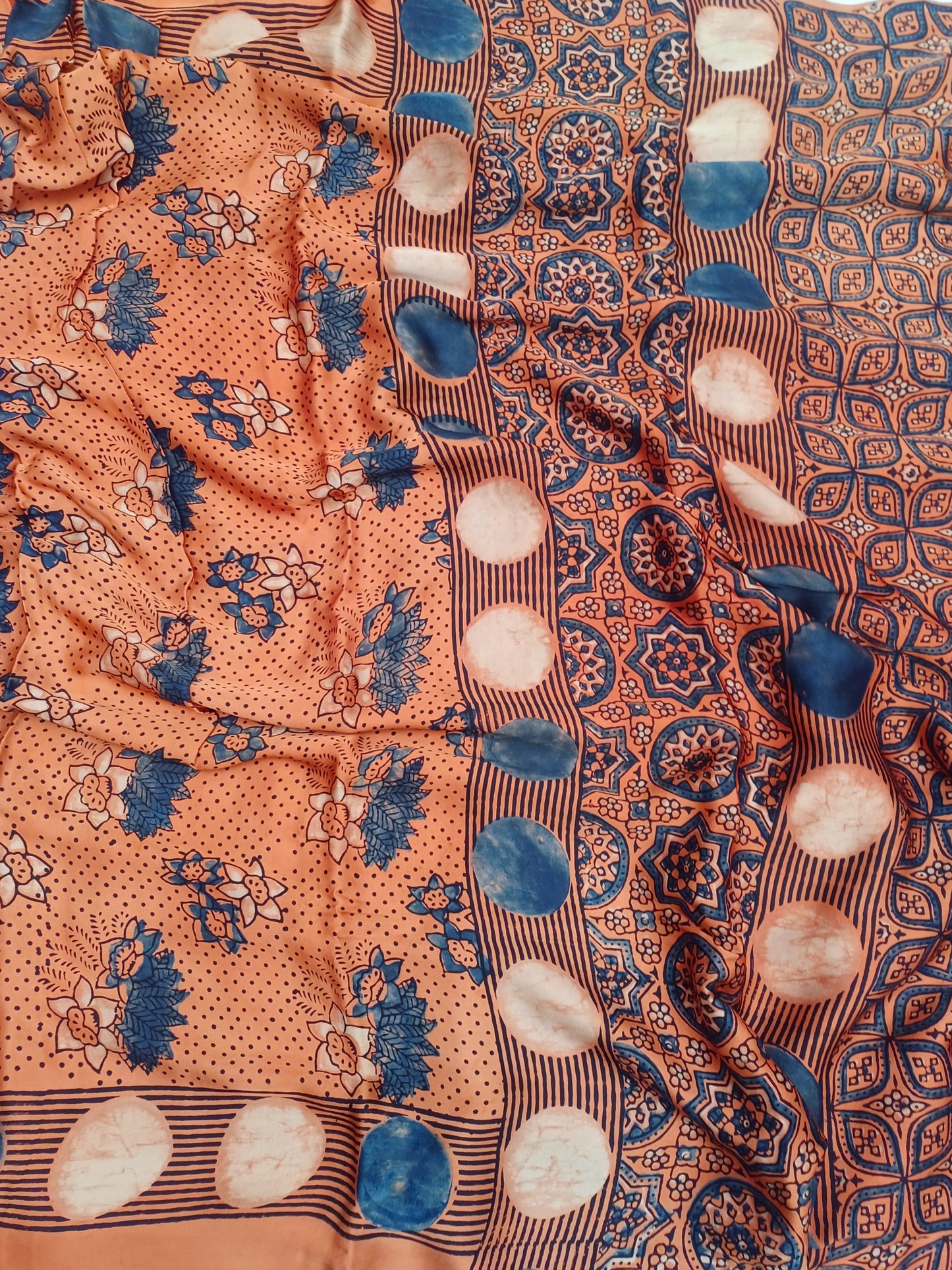 Orange Modal Silk Ajrakh handblock print saree