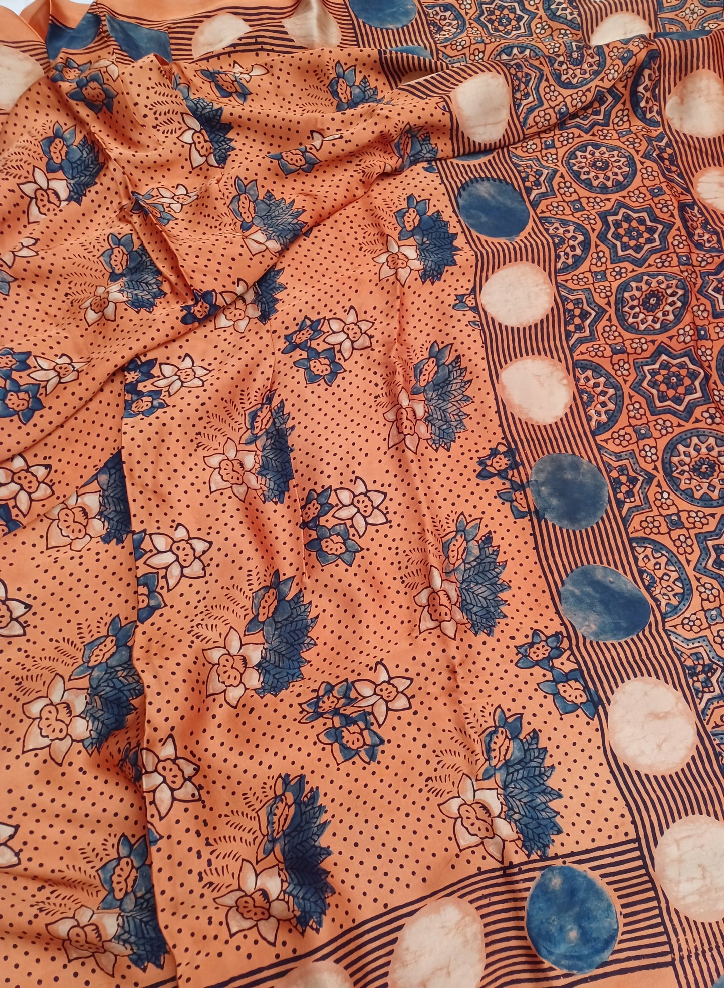 Orange Modal Silk Ajrakh handblock print saree