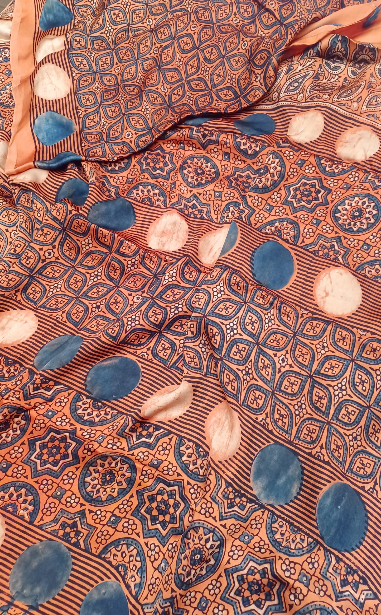 Orange Modal Silk Ajrakh handblock print saree